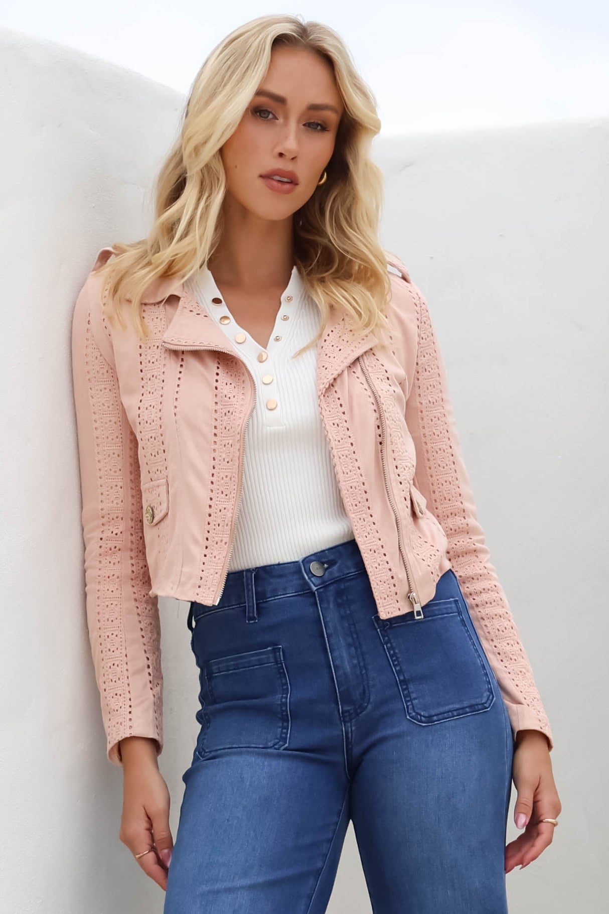 Jodi Jacket - Embroidered Detailing Biker Faux Suede Jacket in Blush
