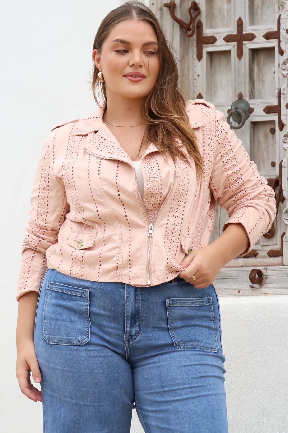 Jodi Jacket - Embroidered Detailing Biker Faux Suede Jacket in Blush