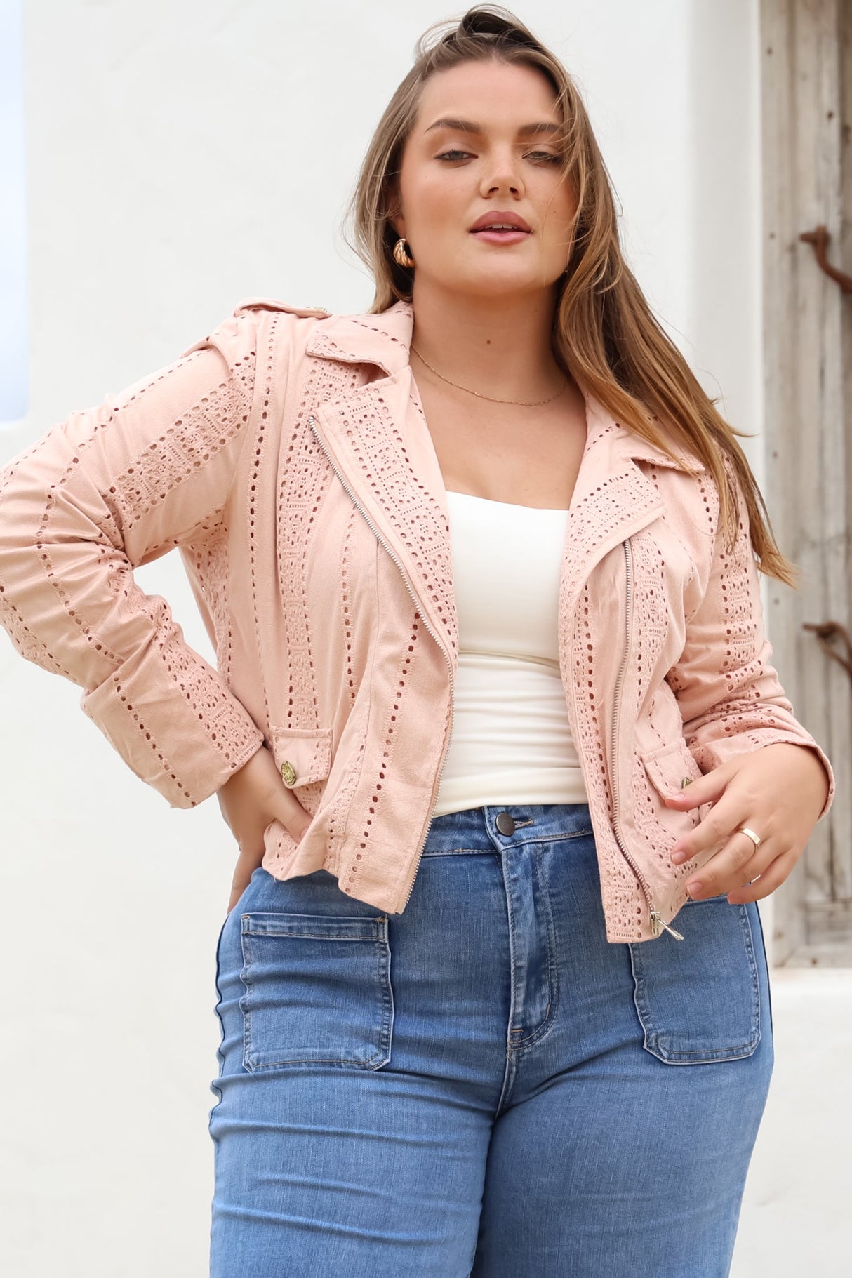 Jodi Jacket - Embroidered Detailing Biker Faux Suede Jacket in Blush