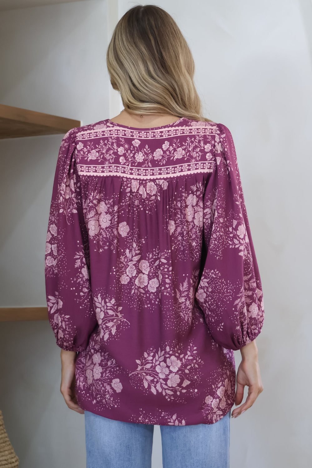 Joelle Top - V Neck High-Low Top in Briella Print in Berry