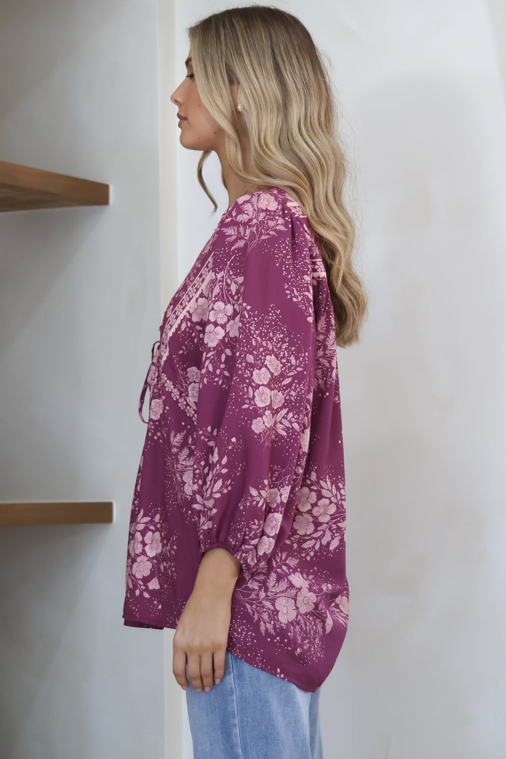 Joelle Top - V Neck High-Low Top in Briella Print in Berry