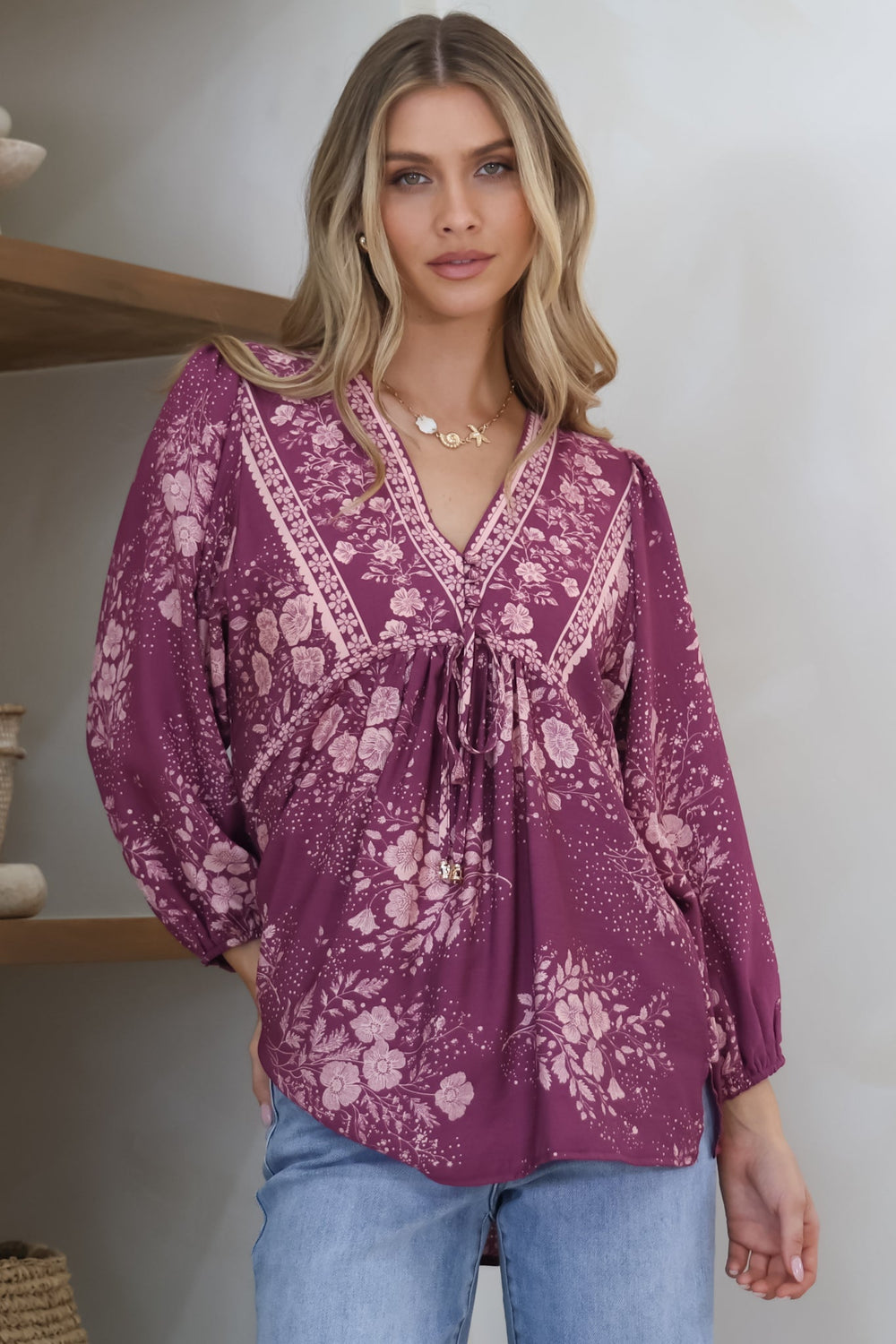 Joelle Top - V Neck High-Low Top in Briella Print in Berry