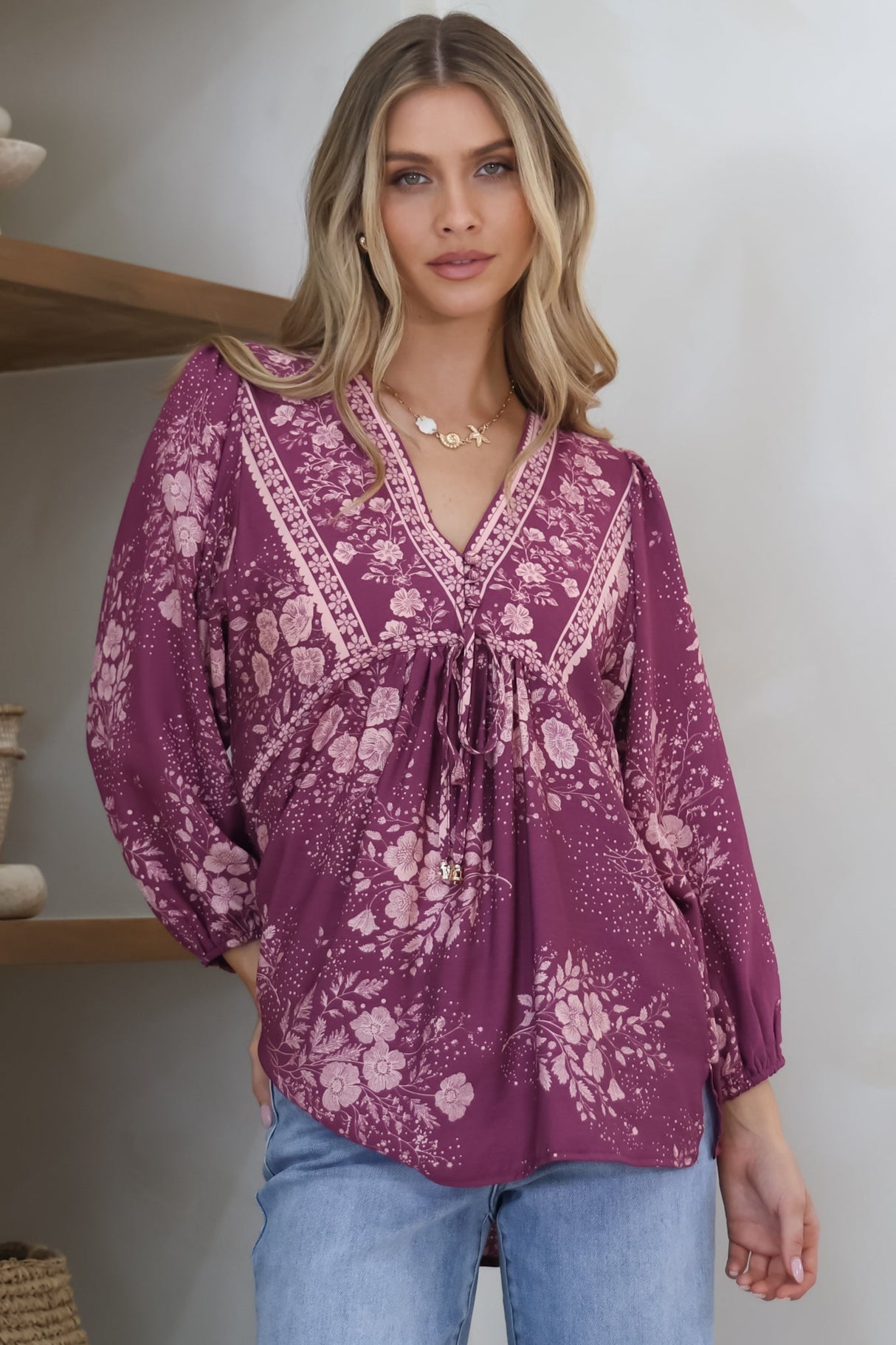 Joelle Top - V Neck High-Low Top in Briella Print in Berry