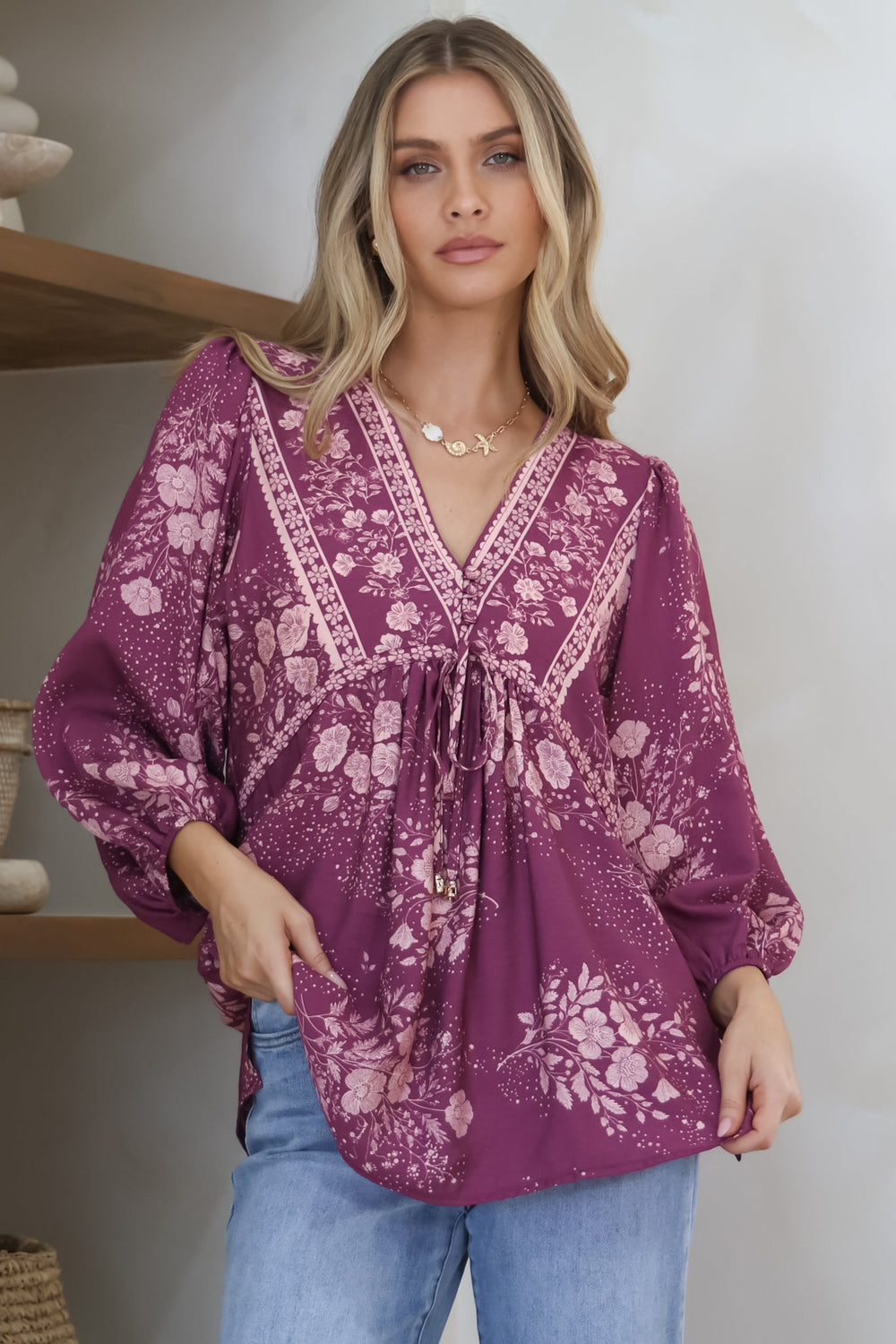 Joelle Top - V Neck High-Low Top in Briella Print in Berry