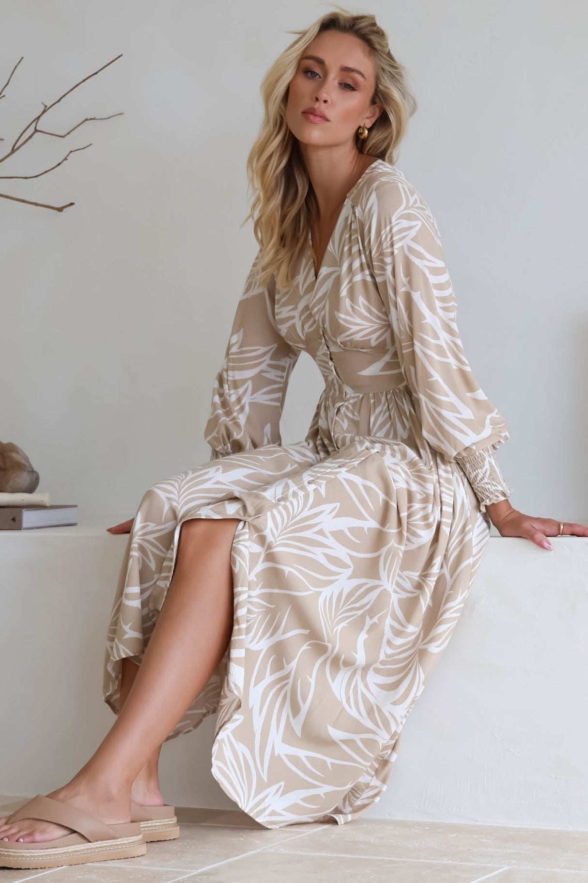 Jolie Midi Dress - V Neck Buttoned Down Long Sleeve Dress in Jeani Print Beige