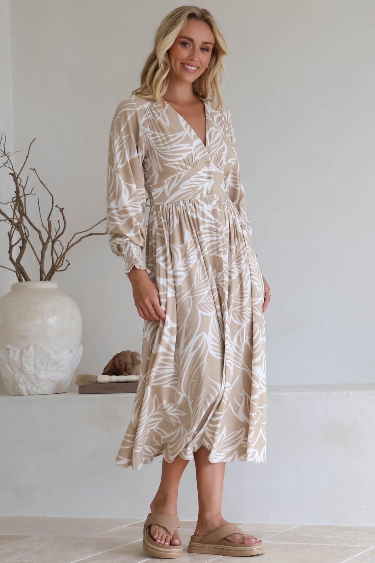 Jolie Midi Dress - V Neck Buttoned Down Long Sleeve Dress in Jeani Print Beige