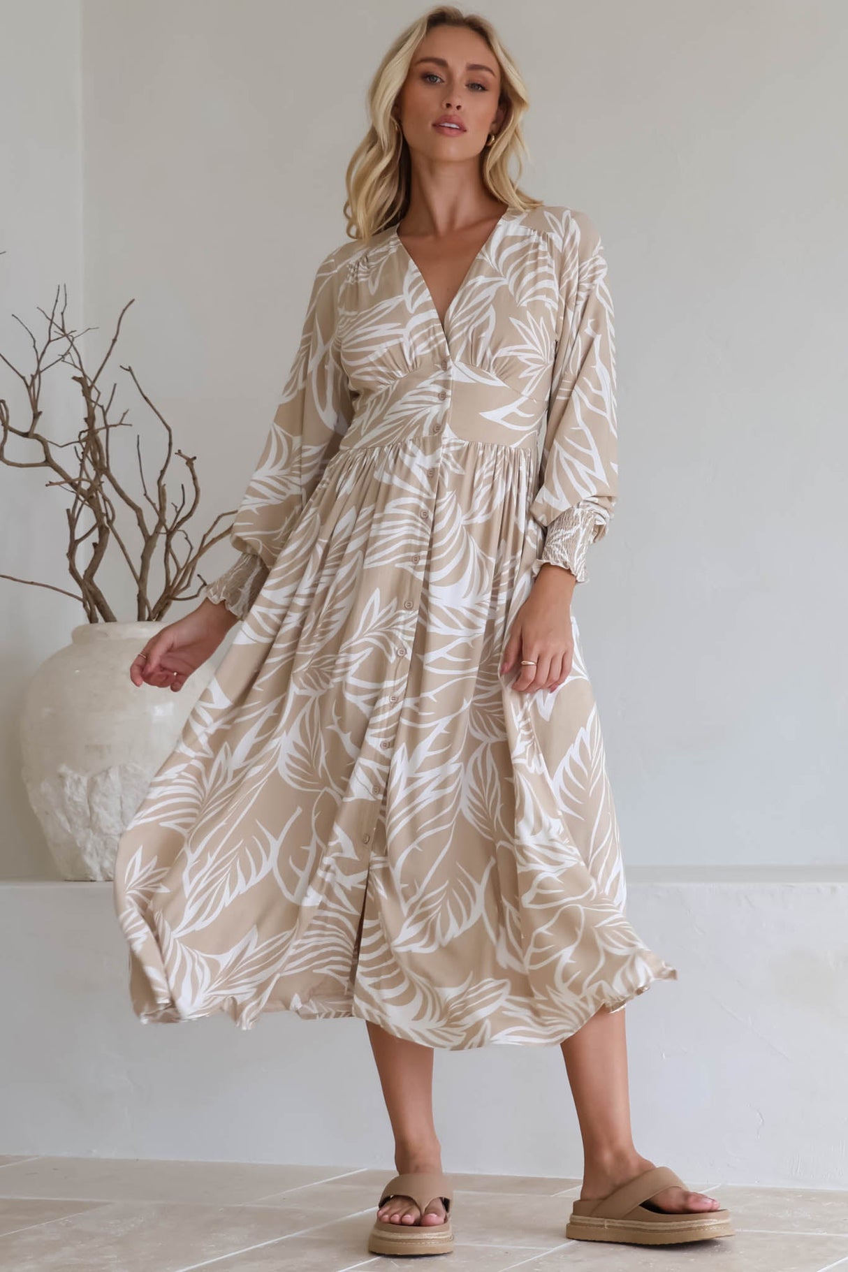 Jolie Midi Dress - V Neck Buttoned Down Long Sleeve Dress in Jeani Print Beige