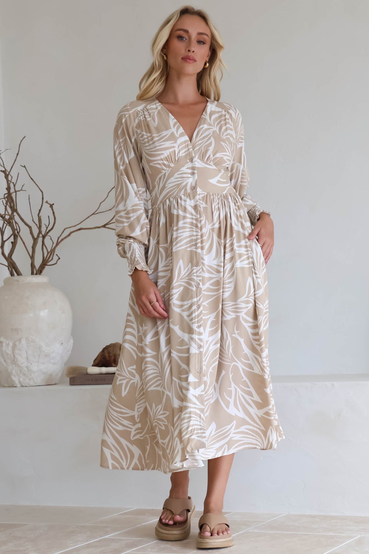 Jolie Midi Dress - V Neck Buttoned Down Long Sleeve Dress in Jeani Print Beige