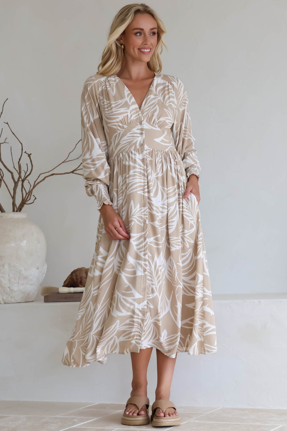 Jolie Midi Dress - V Neck Buttoned Down Long Sleeve Dress in Jeani Print Beige