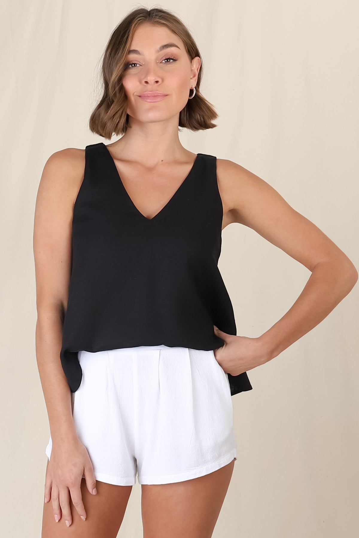 Joree Top - Linen Blend Soft V Neck Scoop Hem Top in Black