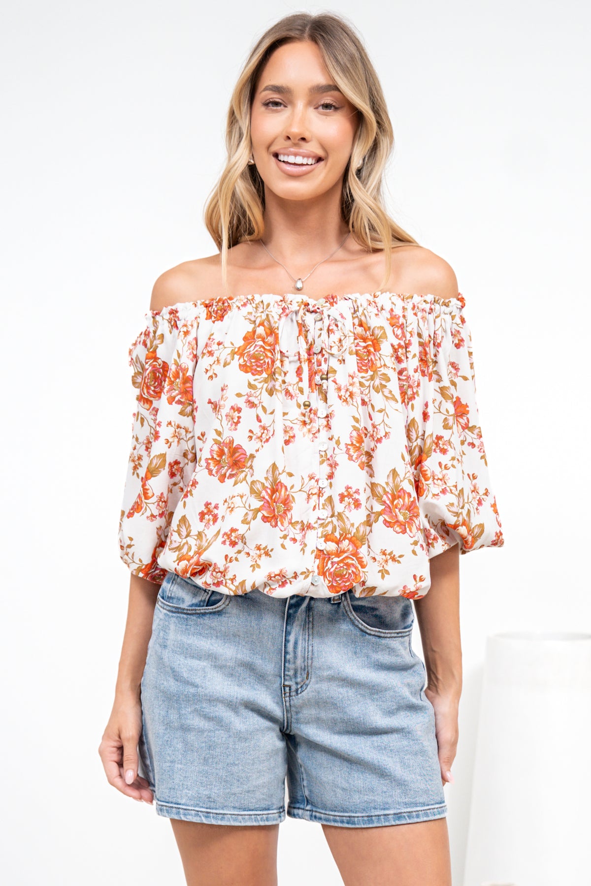 Journee Top - On or Off Shoulder Button Down in Maranta Print