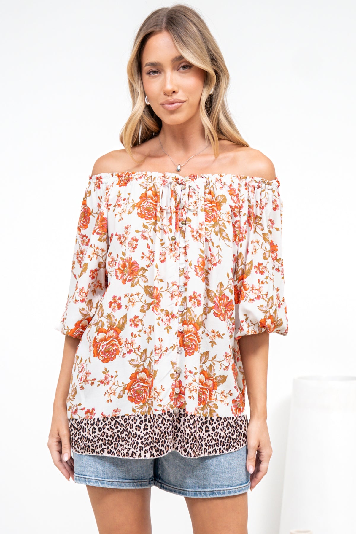 Journee Top - On or Off Shoulder Button Down in Maranta Print