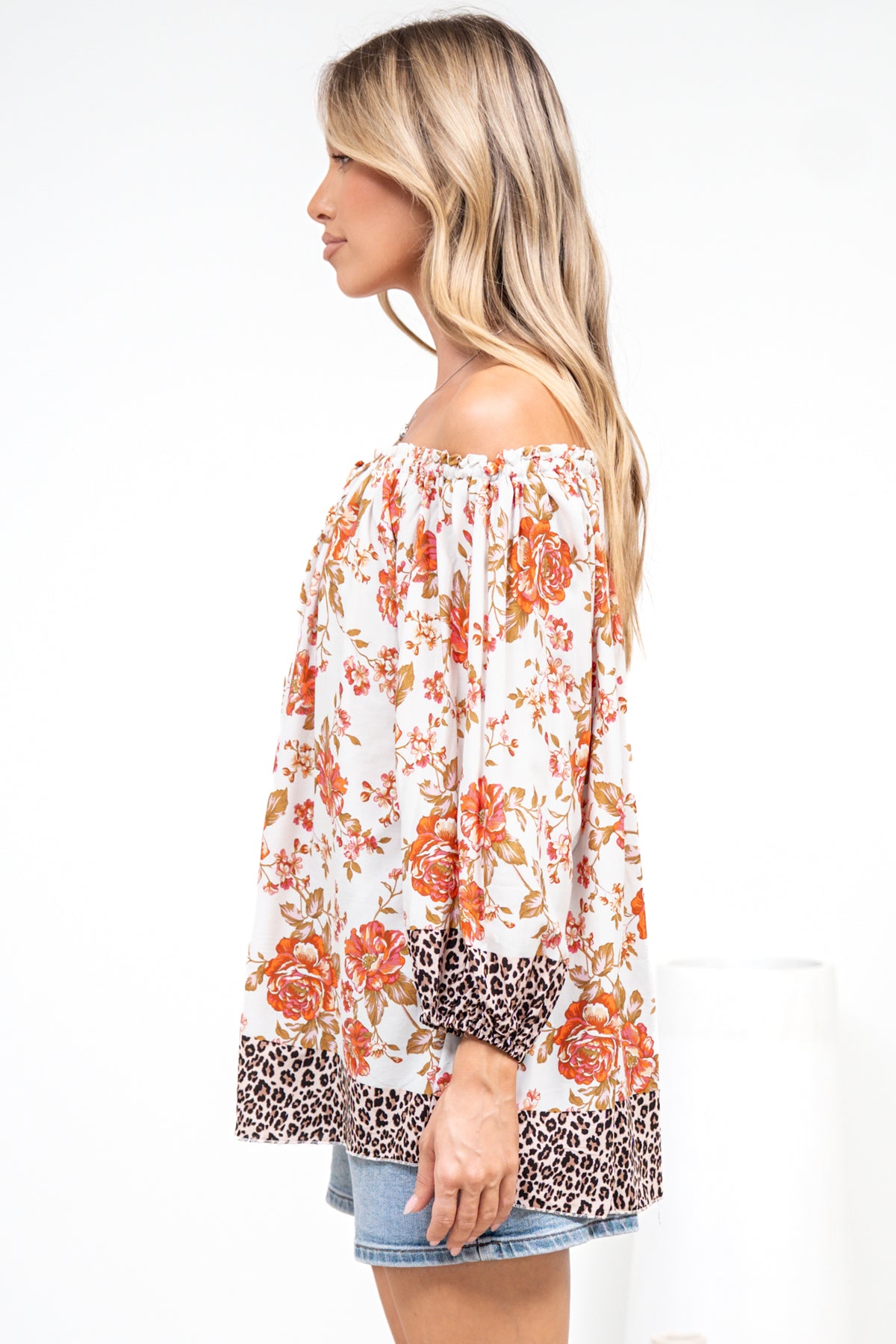 Journee Top - On or Off Shoulder Button Down in Maranta Print