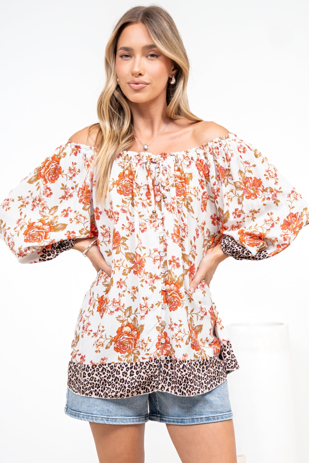 Journee Top - On or Off Shoulder Button Down in Maranta Print