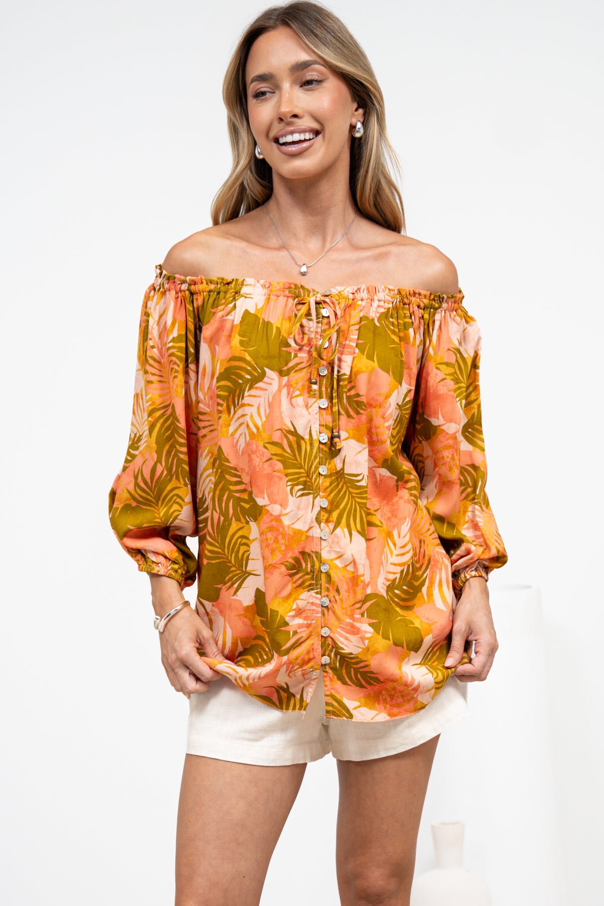Journee Top - On or Off Shoulder Button Down in Tropica Print