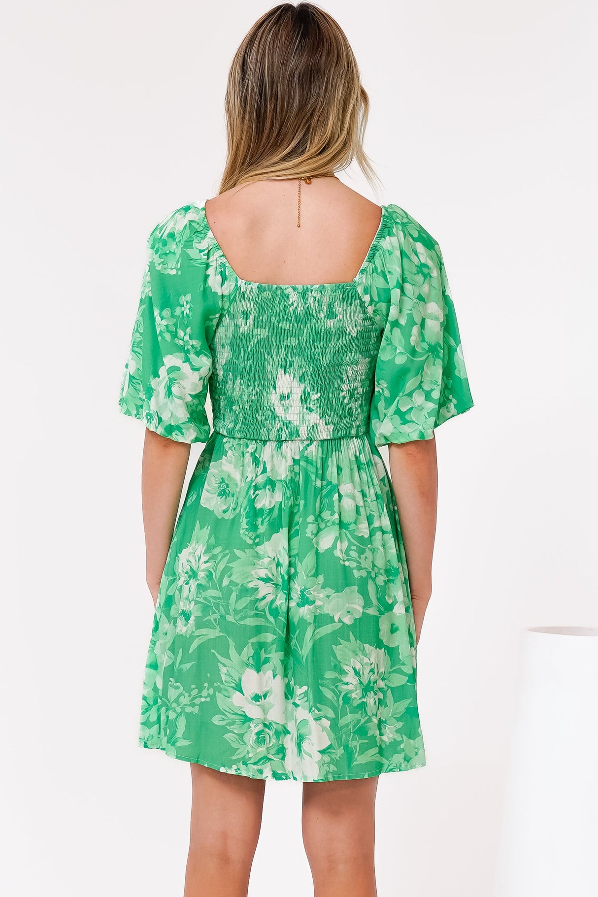 Justina Mini Dress - V-Neck Gathered Bodise On or Off Shoulder Mini Dress in Sondra Print Green