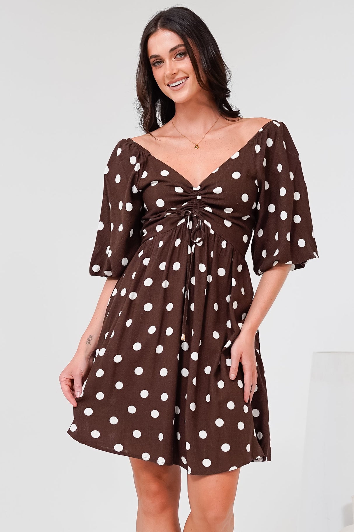 Justina Mini Dress - V-Neck Gathered Bodise On or Off Shoulder Mini Dress in Kitson Spot Print Chocolate