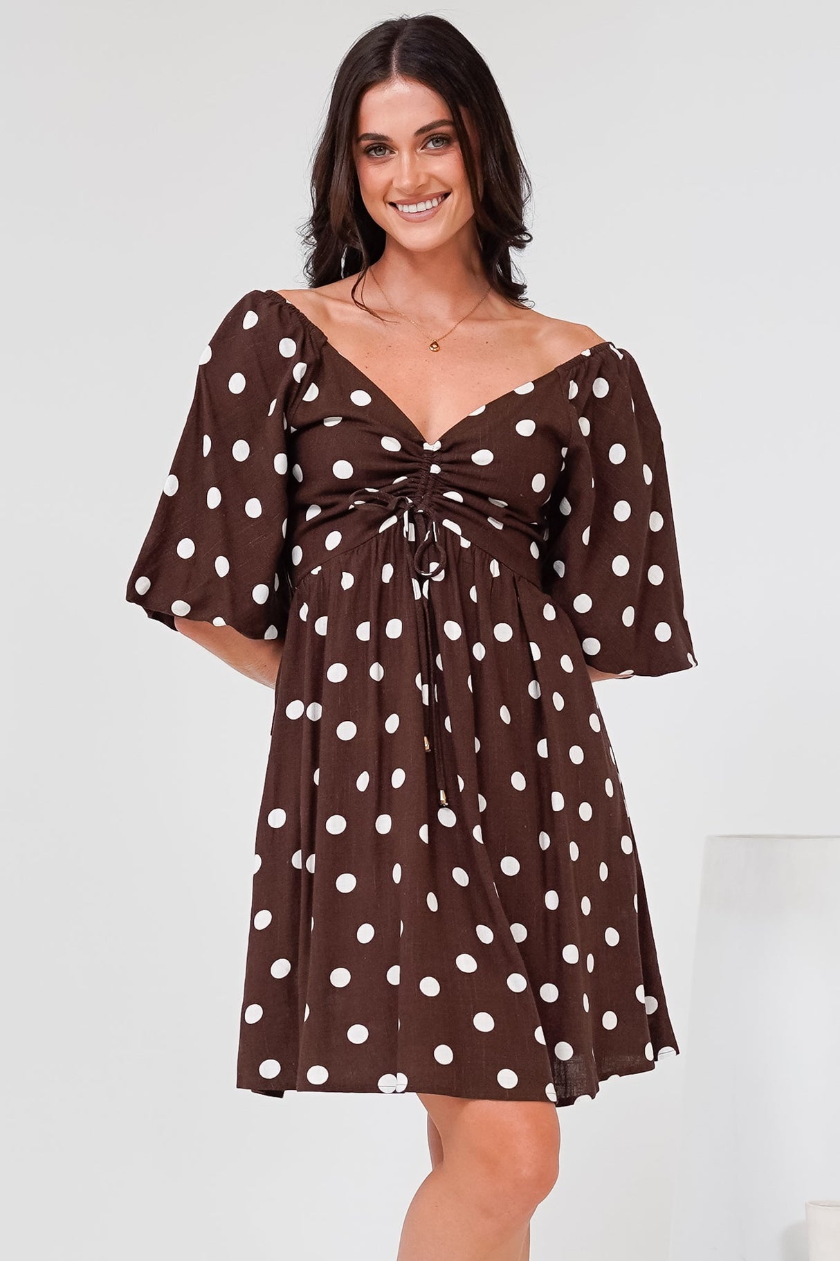 Justina Mini Dress - V-Neck Gathered Bodise On or Off Shoulder Mini Dress in Kitson Spot Print Chocolate