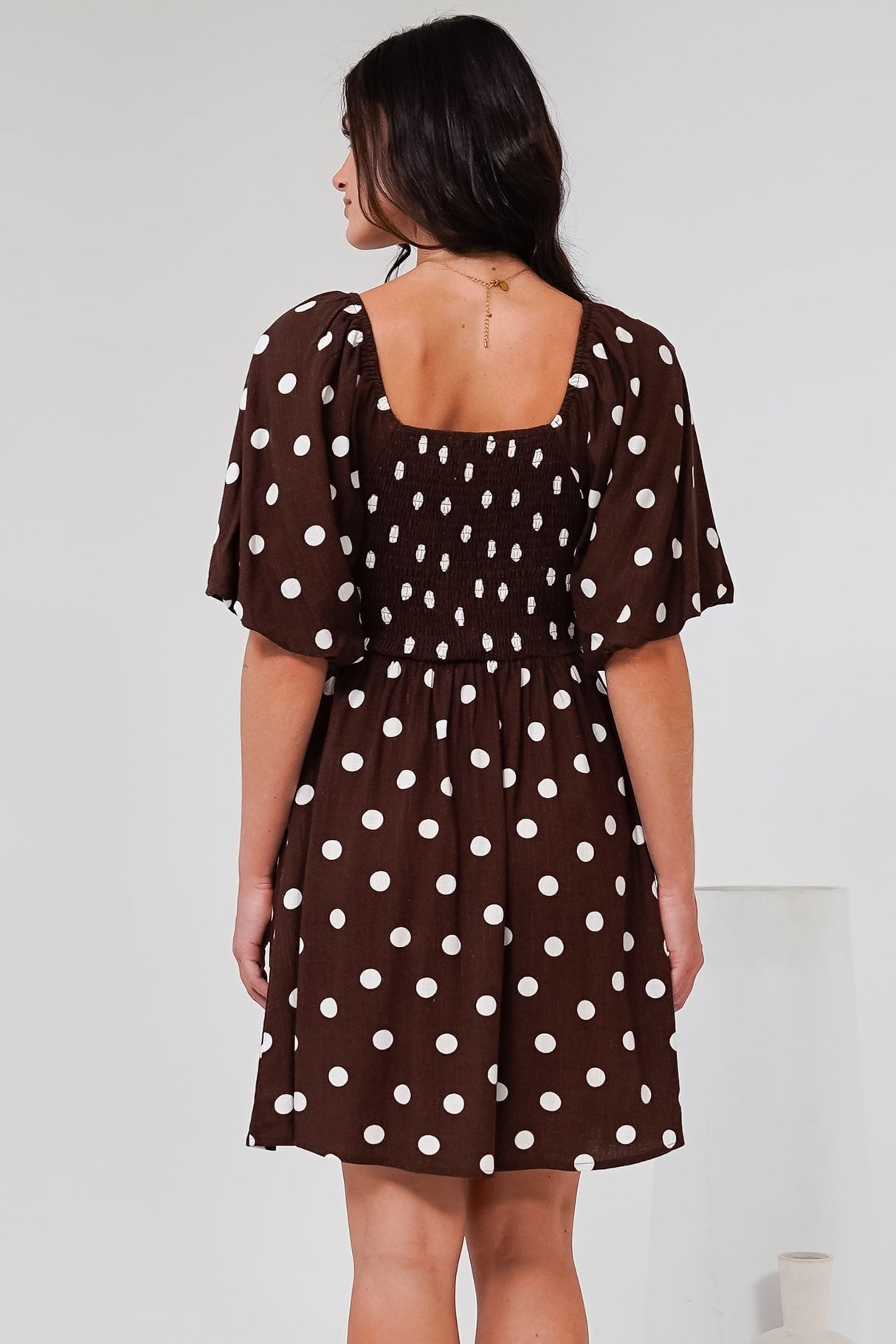 Justina Mini Dress - V-Neck Gathered Bodise On or Off Shoulder Mini Dress in Kitson Spot Print Chocolate