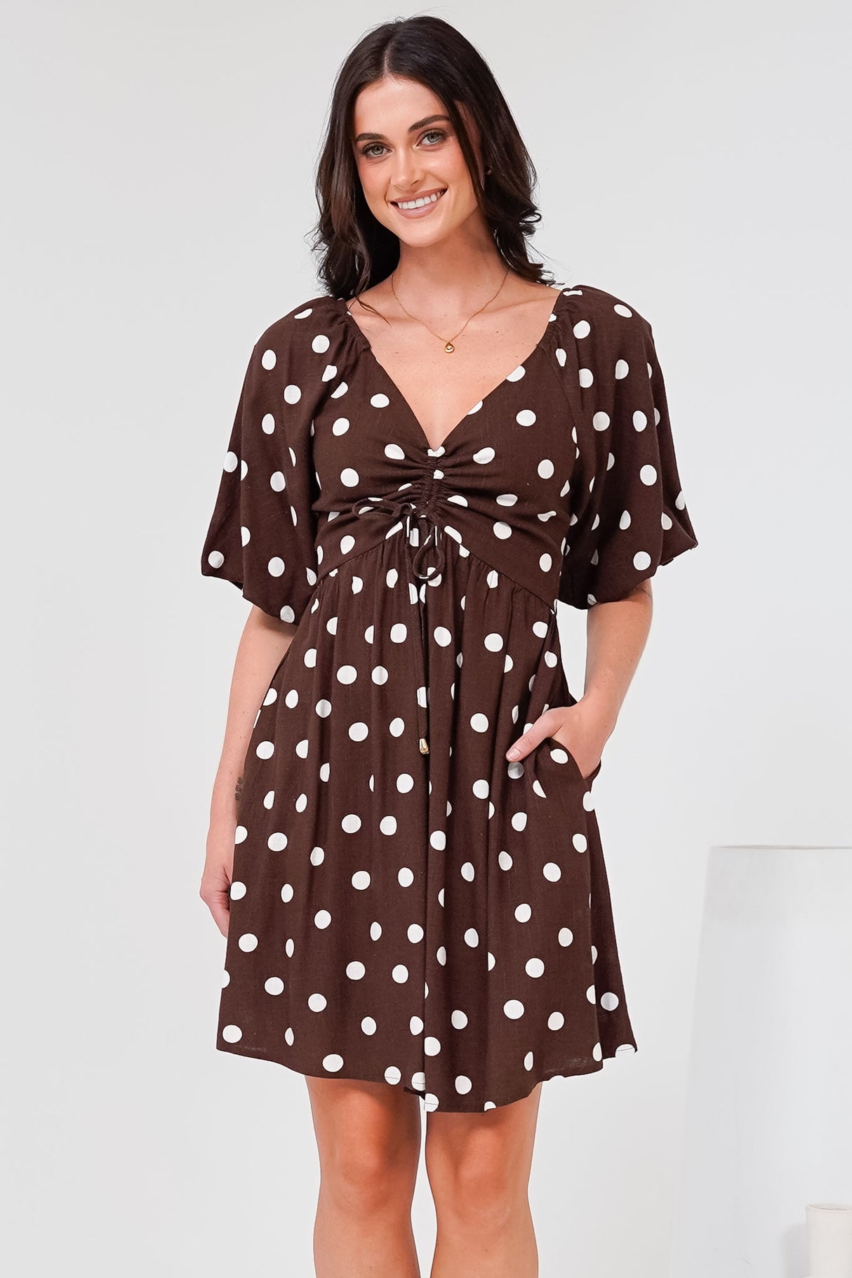 Justina Mini Dress - V-Neck Gathered Bodise On or Off Shoulder Mini Dress in Kitson Spot Print Chocolate