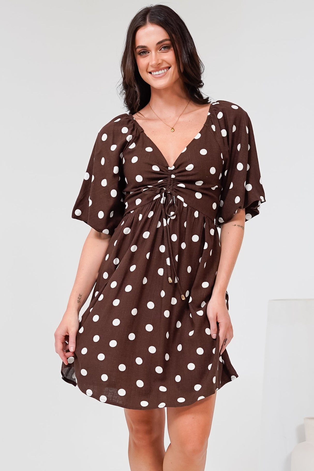 Justina Mini Dress - V-Neck Gathered Bodise On or Off Shoulder Mini Dress in Kitson Spot Print Chocolate