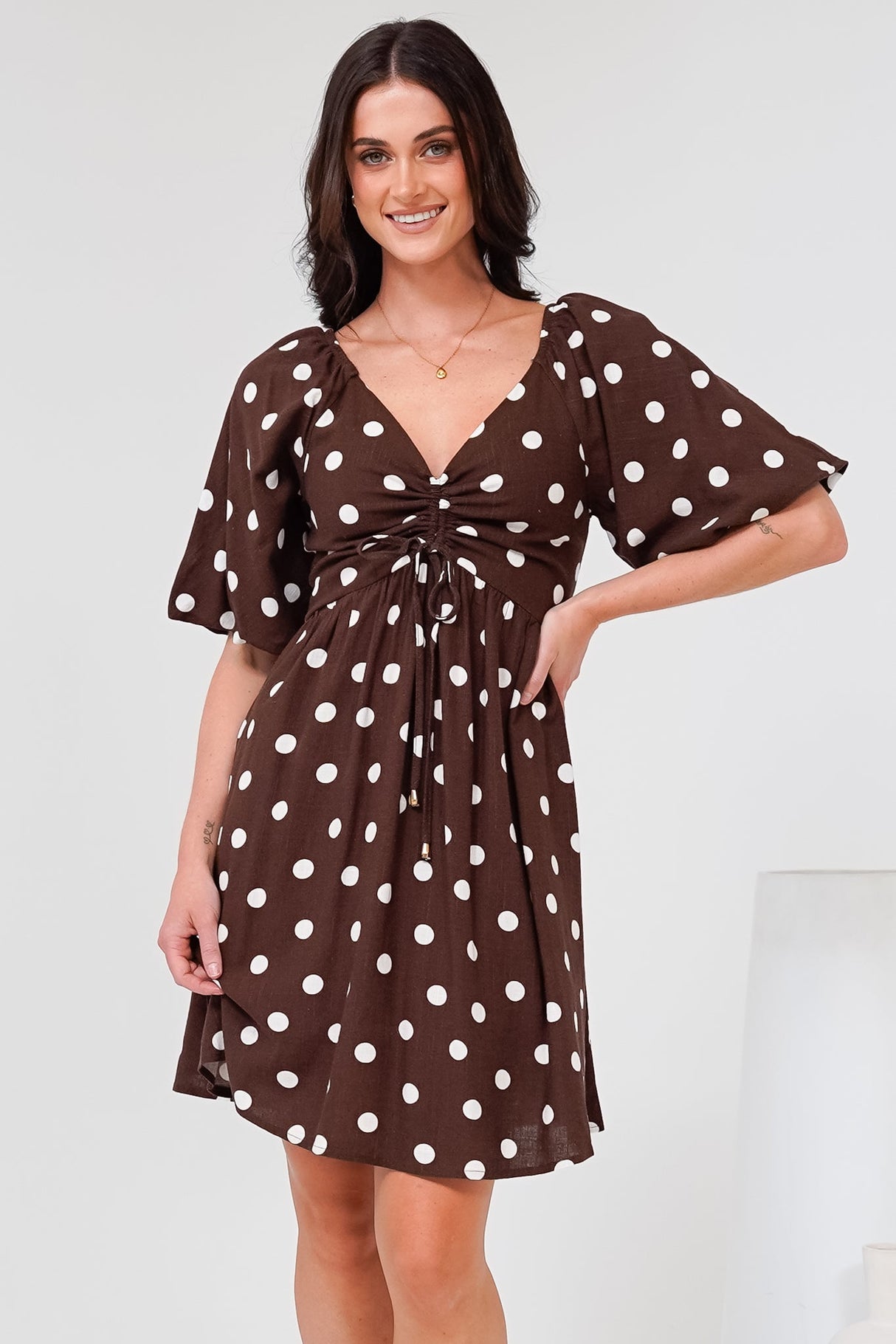 Justina Mini Dress - V-Neck Gathered Bodise On or Off Shoulder Mini Dress in Kitson Spot Print Chocolate