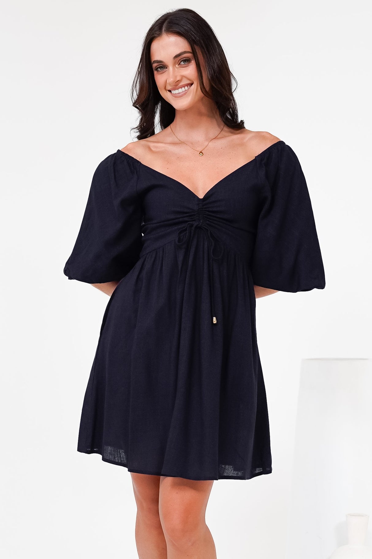 Justina Mini Dress - V-Neck Gathered Bodise On or Off Shoulder Mini Dress in Navy