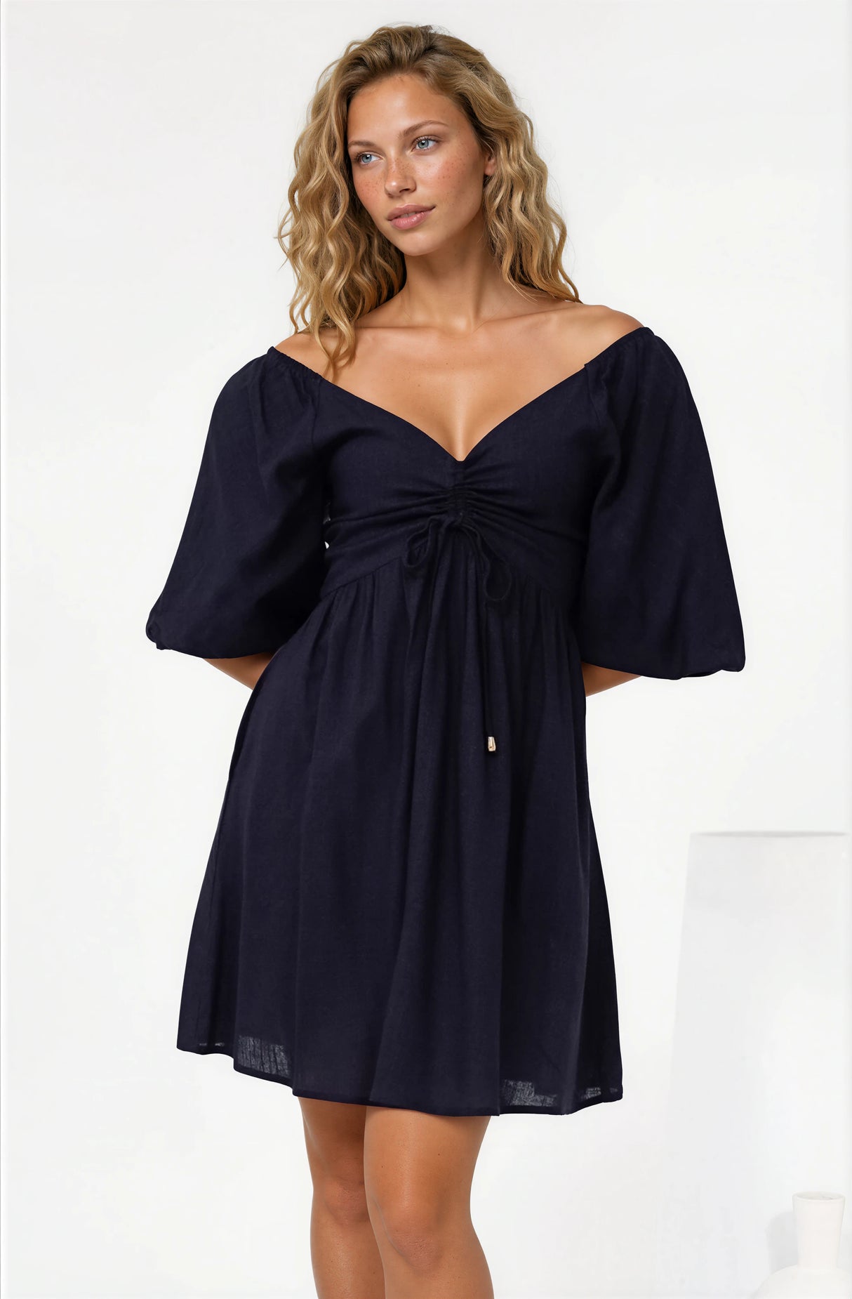 Justina Mini Dress - V-Neck Gathered Bodise On or Off Shoulder Mini Dress in Navy