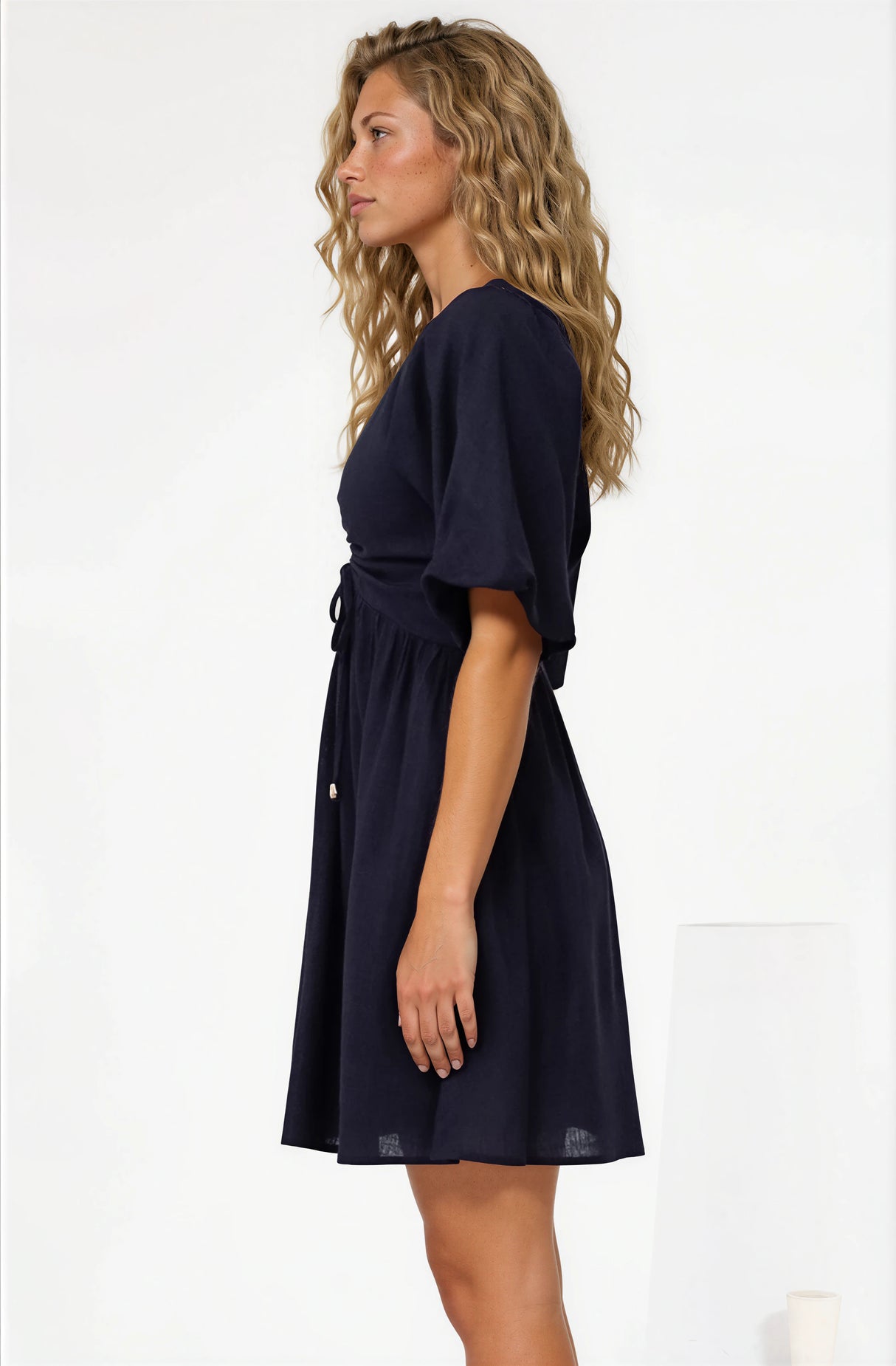 Justina Mini Dress - V-Neck Gathered Bodise On or Off Shoulder Mini Dress in Navy