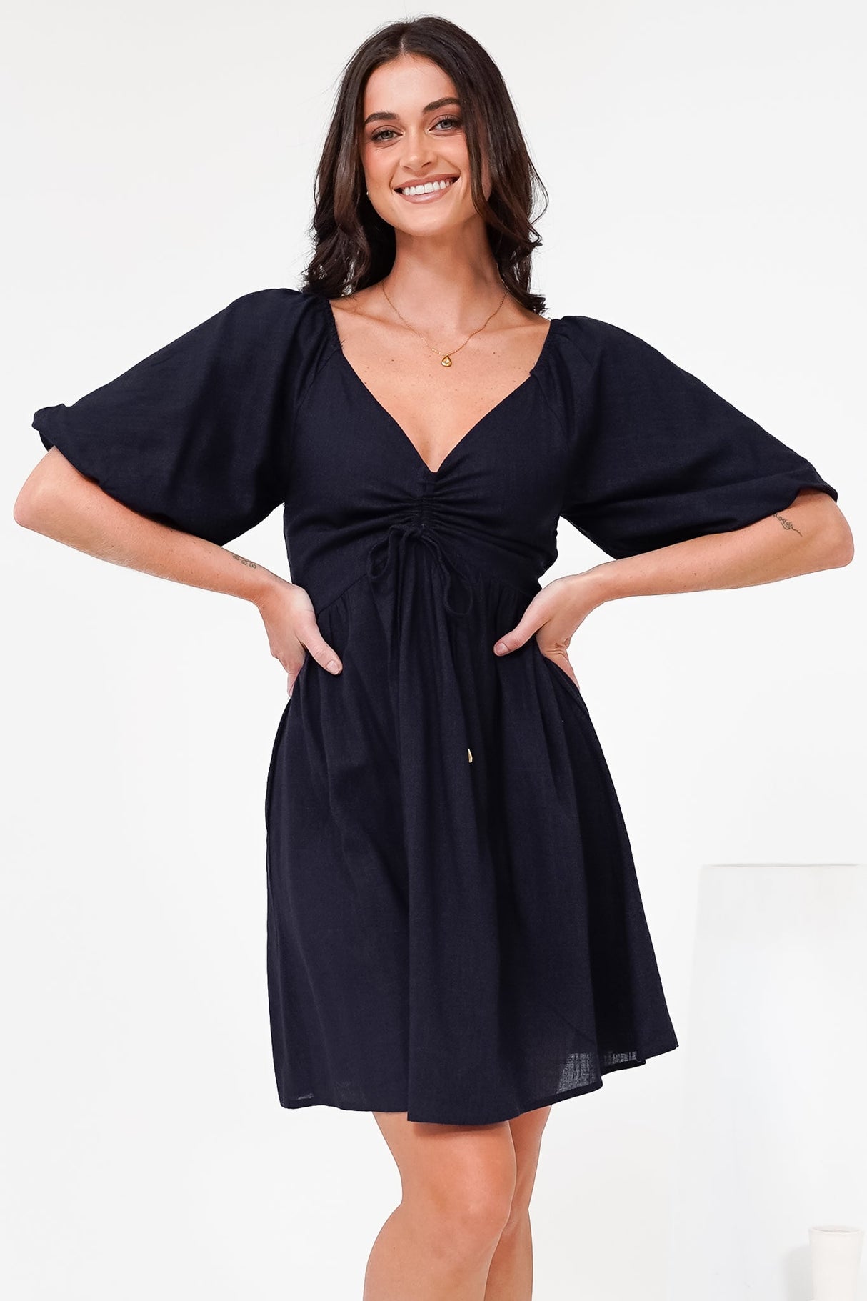 Justina Mini Dress - V-Neck Gathered Bodise On or Off Shoulder Mini Dress in Navy