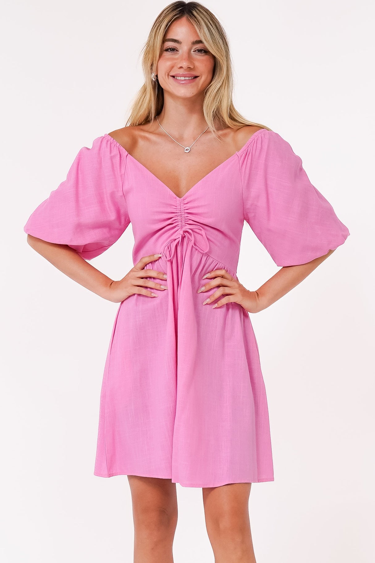 Justina Mini Dress - V-Neck Gathered Bodise On or Off Shoulder Mini Dress in Pink
