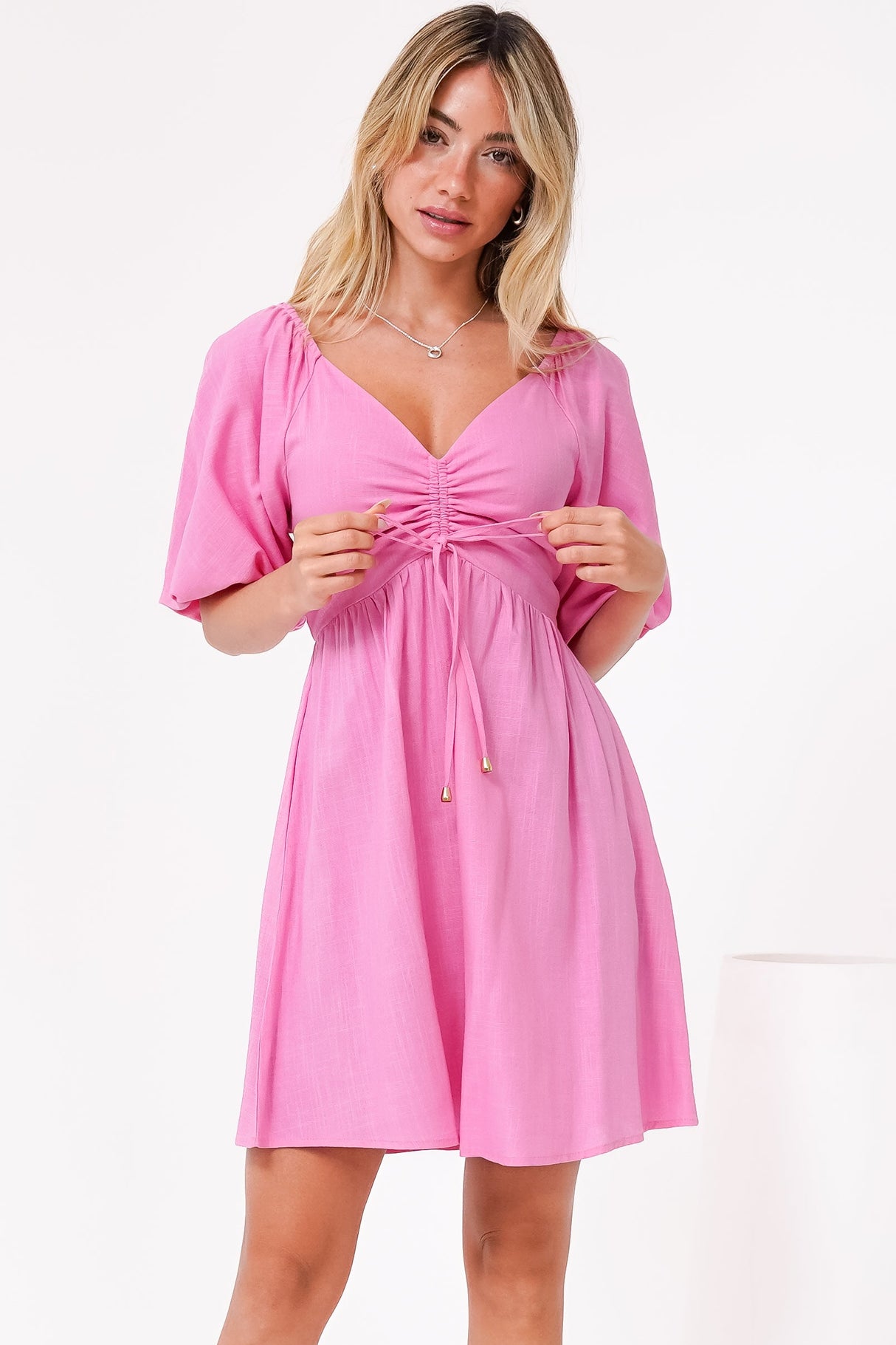 Justina Mini Dress - V-Neck Gathered Bodise On or Off Shoulder Mini Dress in Pink