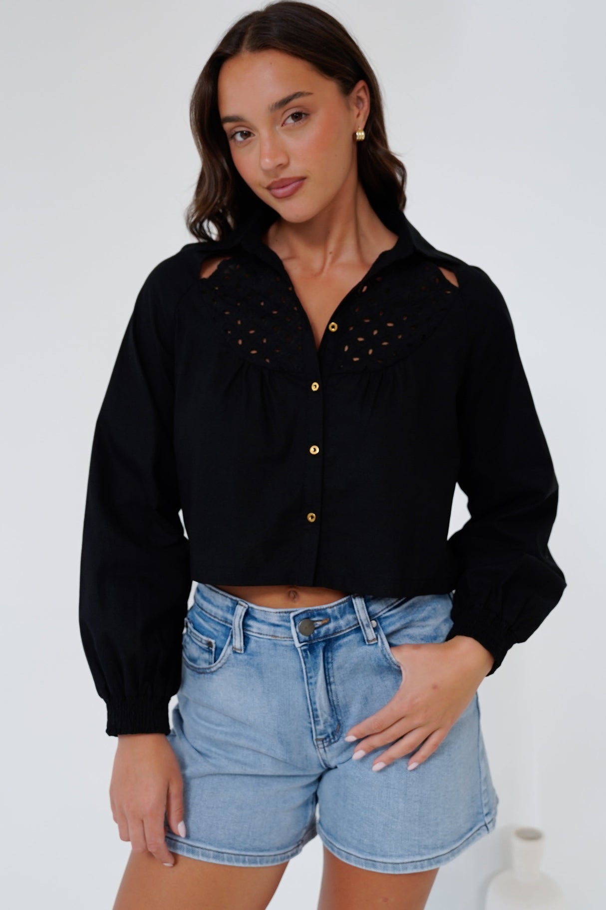 Kaiia Shirt - Cut Out Yoke Detailing Button Down Crop in Black
