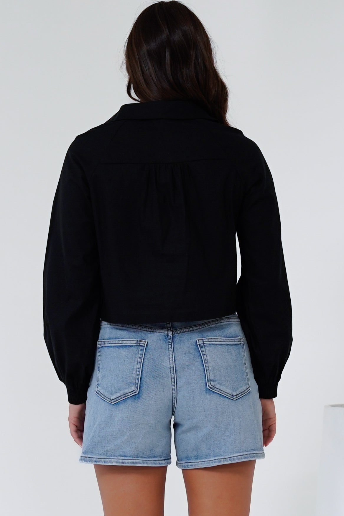 Kaiia Shirt - Cut Out Yoke Detailing Button Down Crop in Black