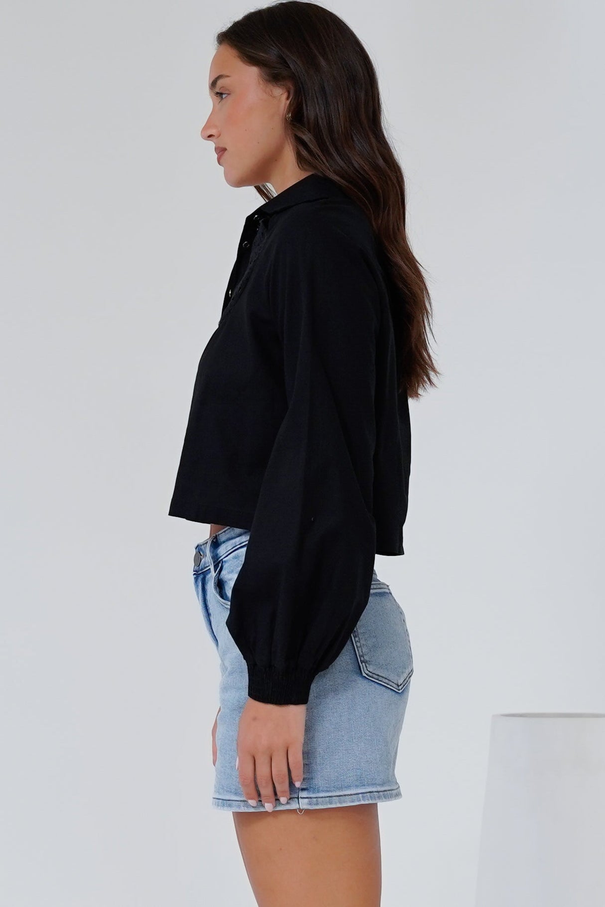 Kaiia Shirt - Cut Out Yoke Detailing Button Down Crop in Black