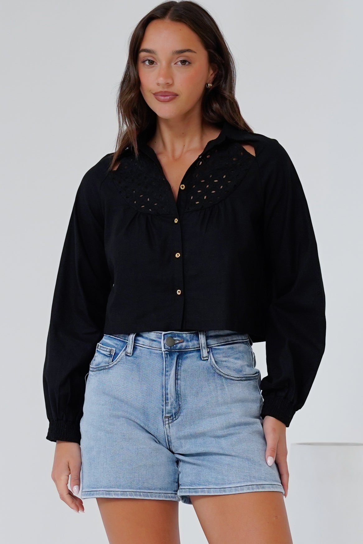 Kaiia Shirt - Cut Out Yoke Detailing Button Down Crop in Black