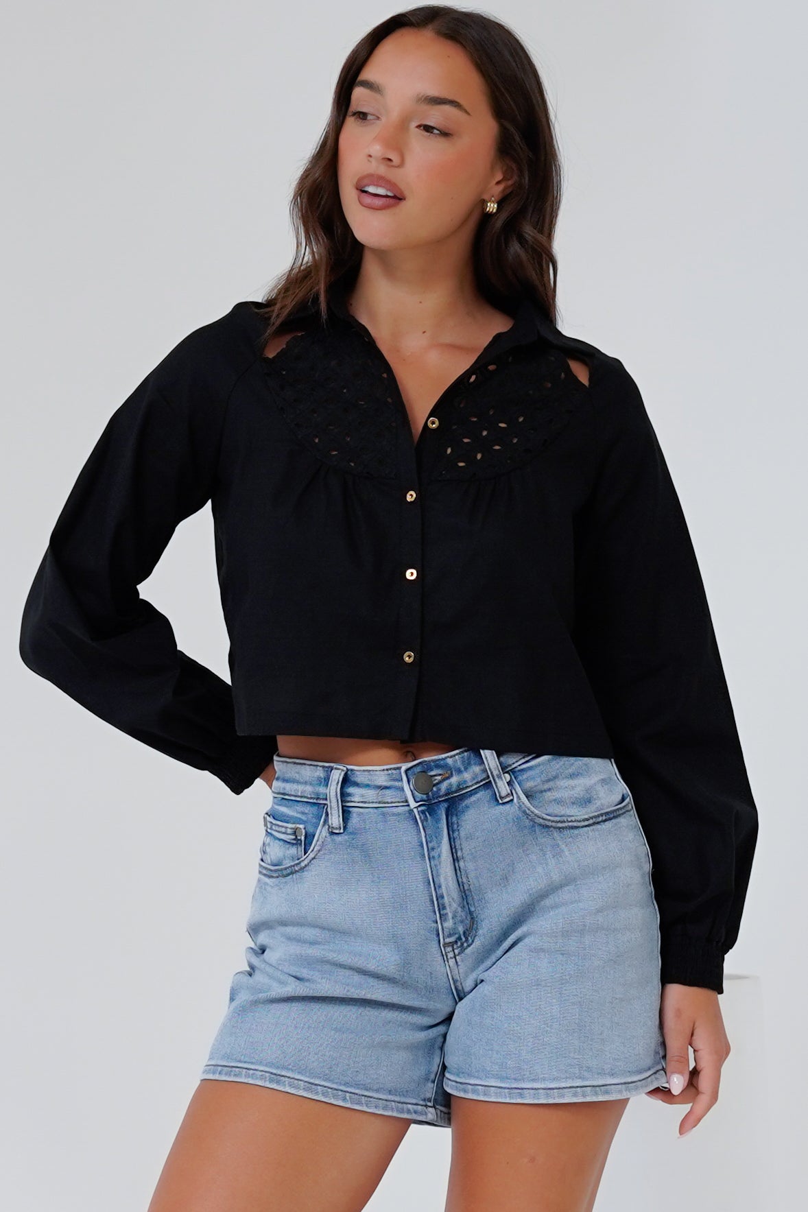 Kaiia Shirt - Cut Out Yoke Detailing Button Down Crop in Black