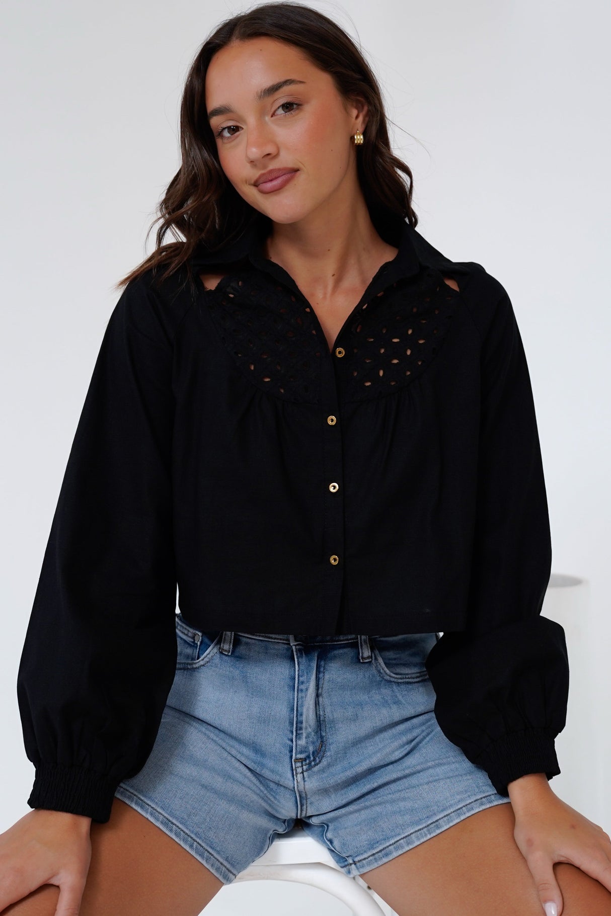 Kaiia Shirt - Cut Out Yoke Detailing Button Down Crop in Black