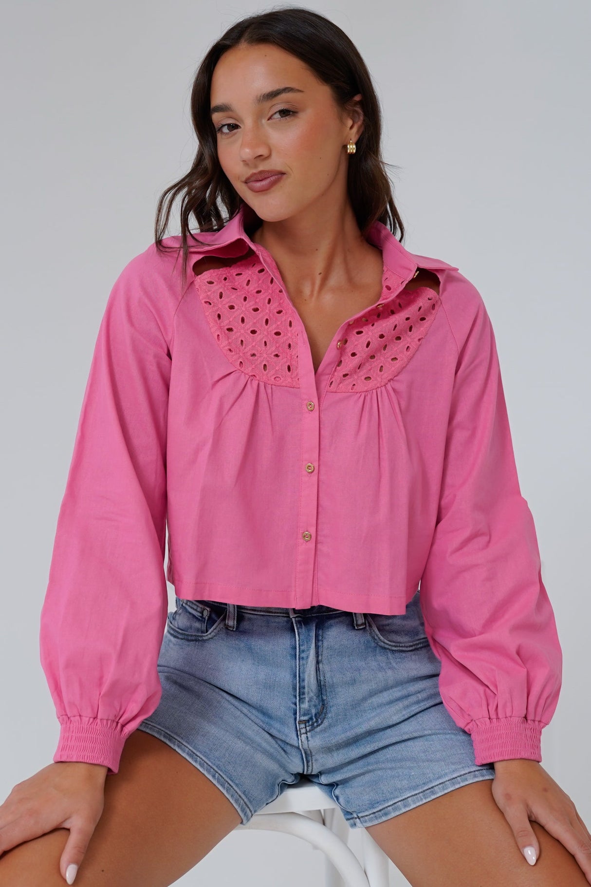 Kaiia Shirt - Cut Out Yoke Detailing Button Down Crop in Pink