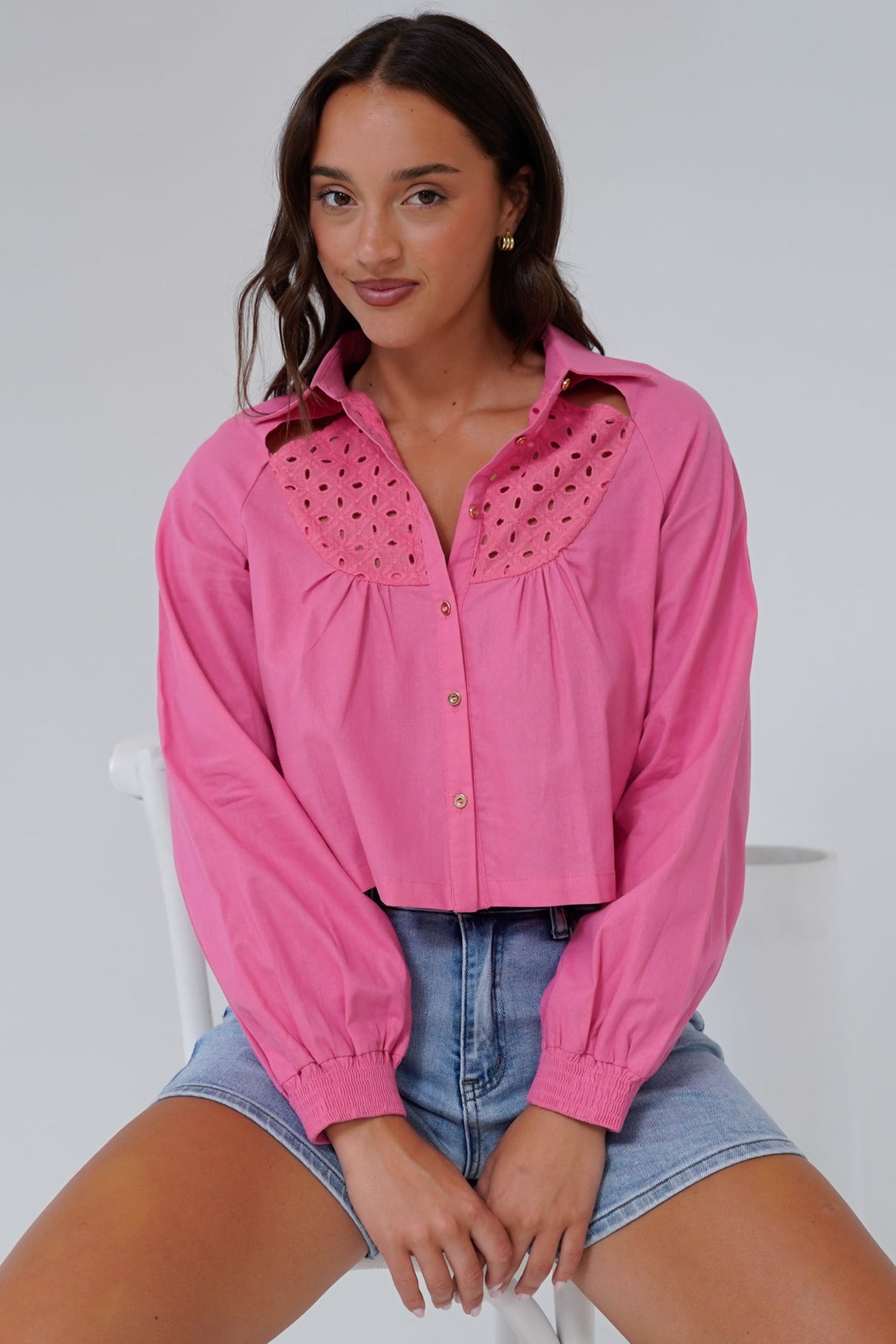 Kaiia Shirt - Cut Out Yoke Detailing Button Down Crop in Pink