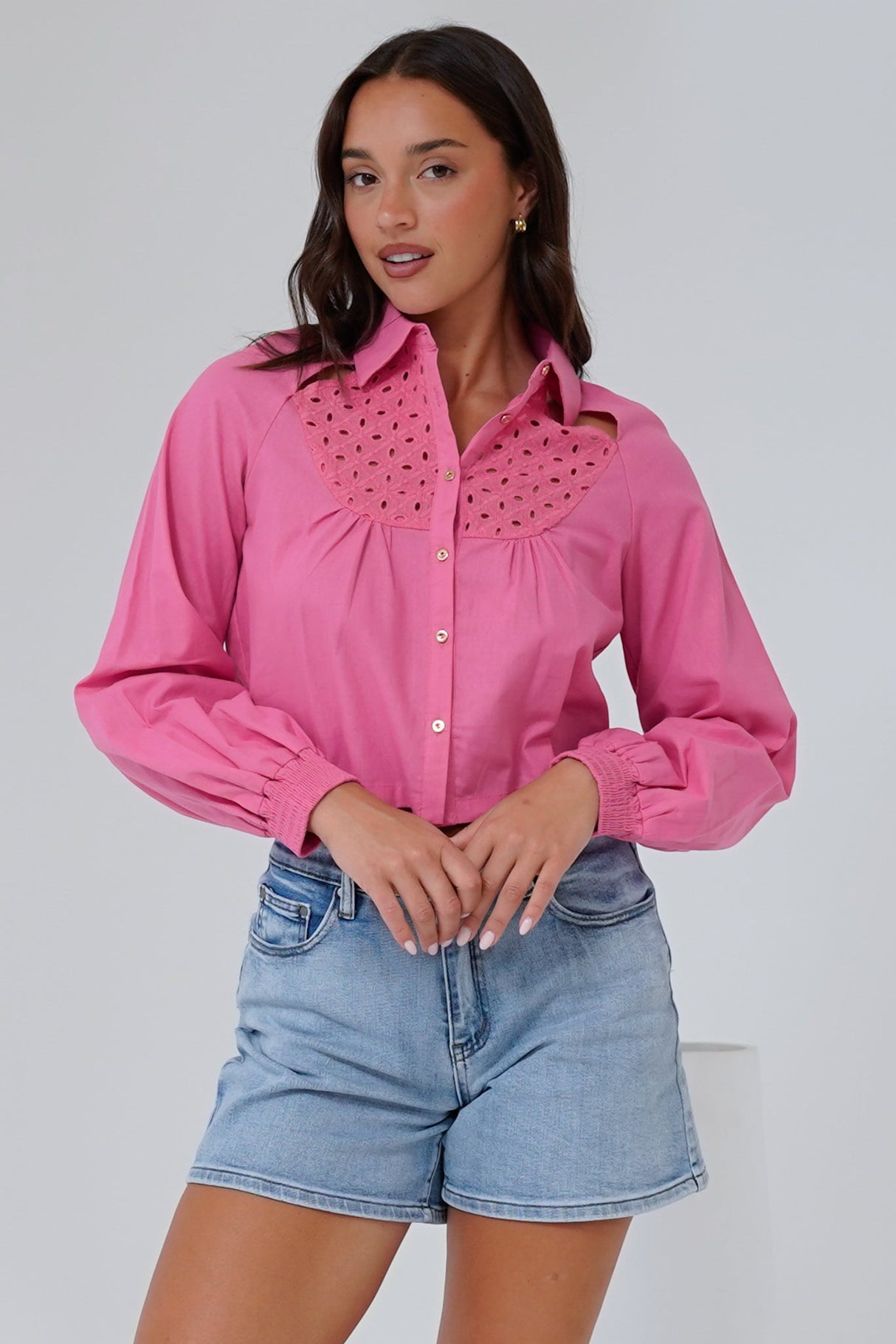 Kaiia Shirt - Cut Out Yoke Detailing Button Down Crop in Pink