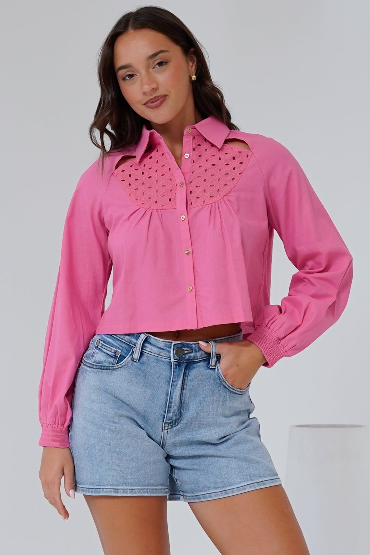 Kaiia Shirt - Cut Out Yoke Detailing Button Down Crop in Pink