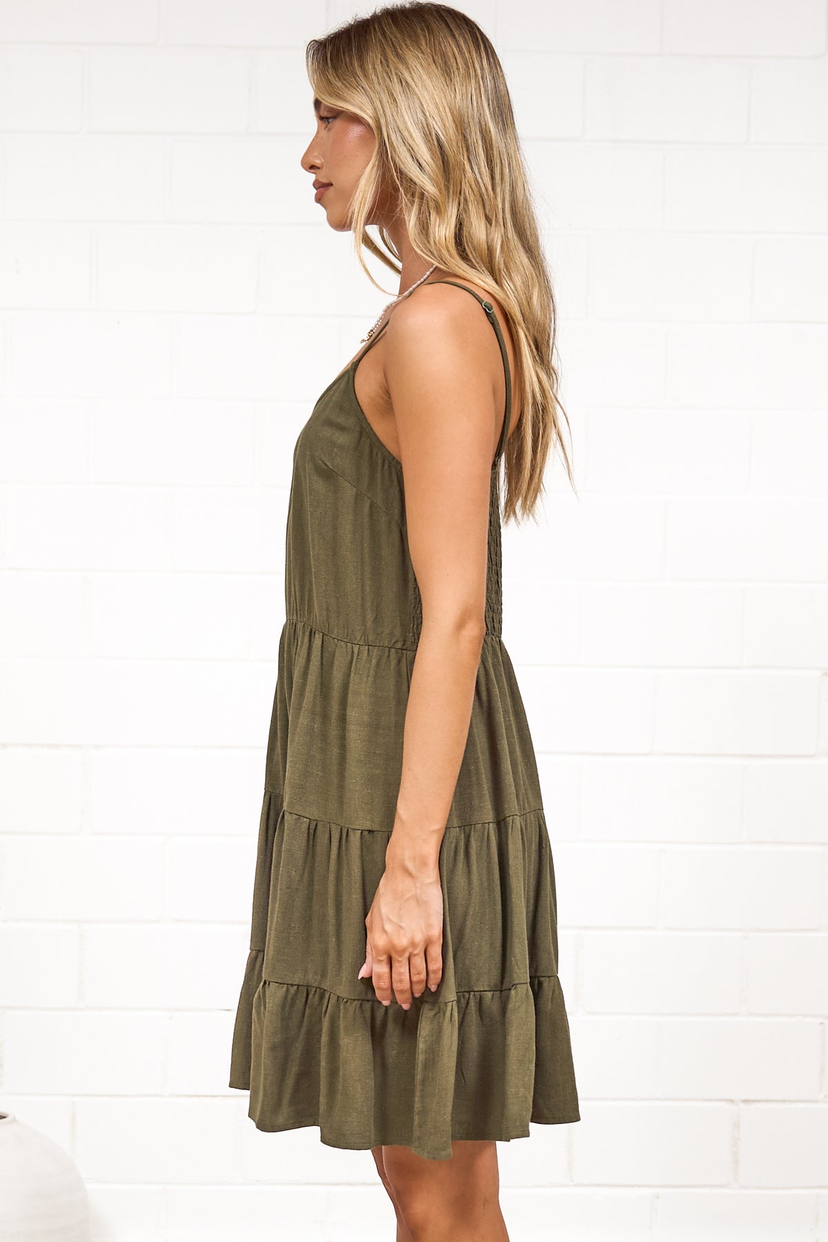 Kaisa Mini Dress - Tiered Sun Dress with Adjustable Straps in Khaki