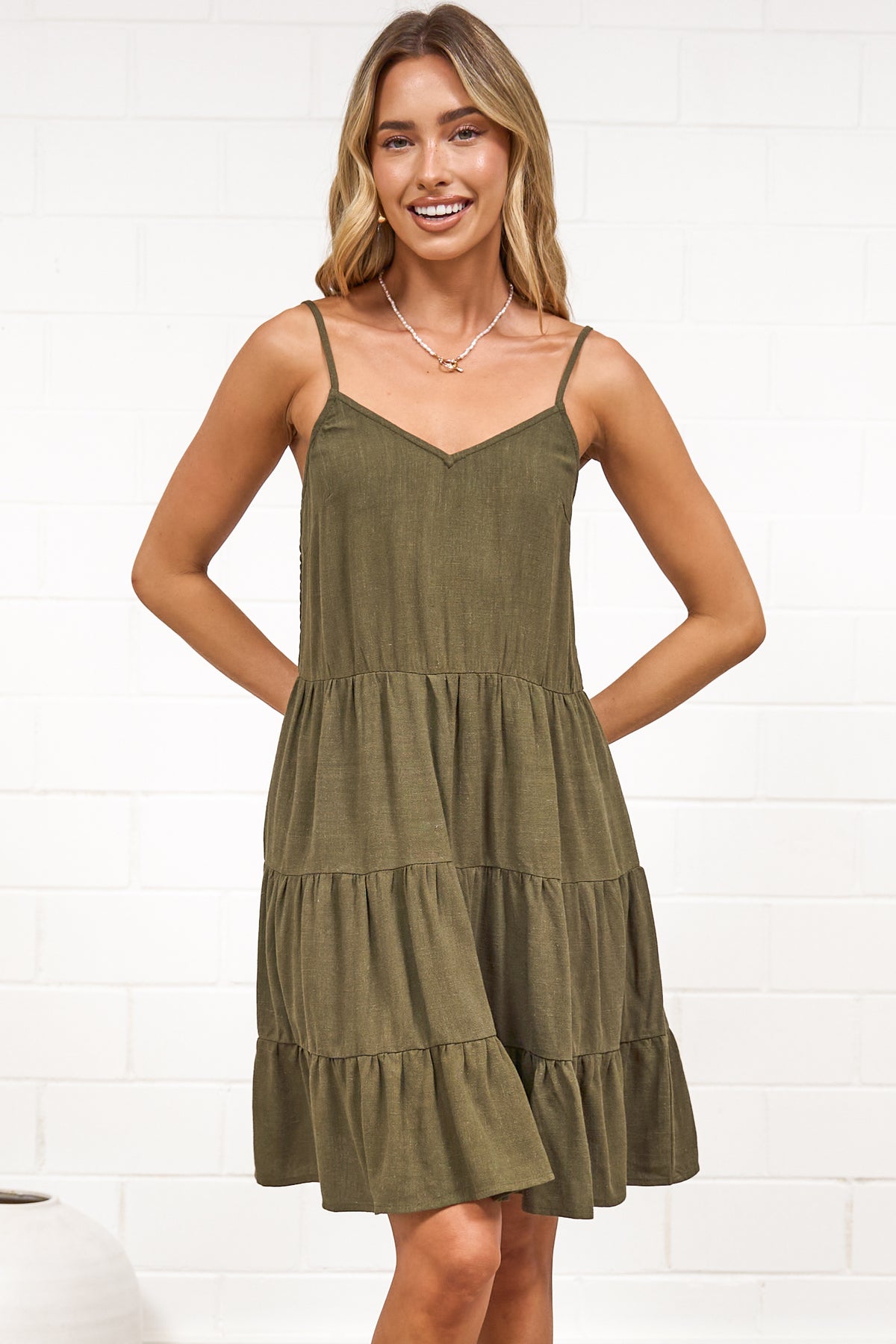 Kaisa Mini Dress - Tiered Sun Dress with Adjustable Straps in Khaki