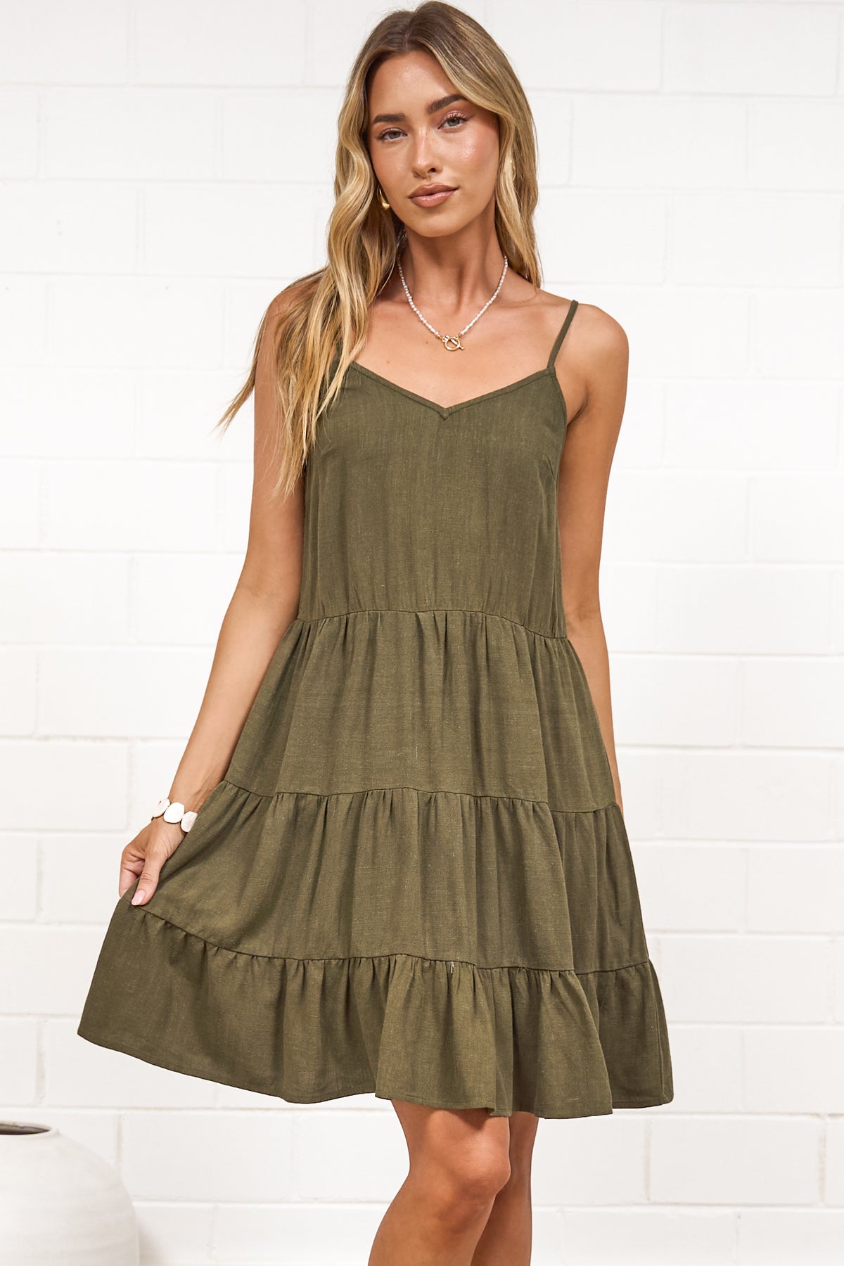 Kaisa Mini Dress - Tiered Sun Dress with Adjustable Straps in Khaki