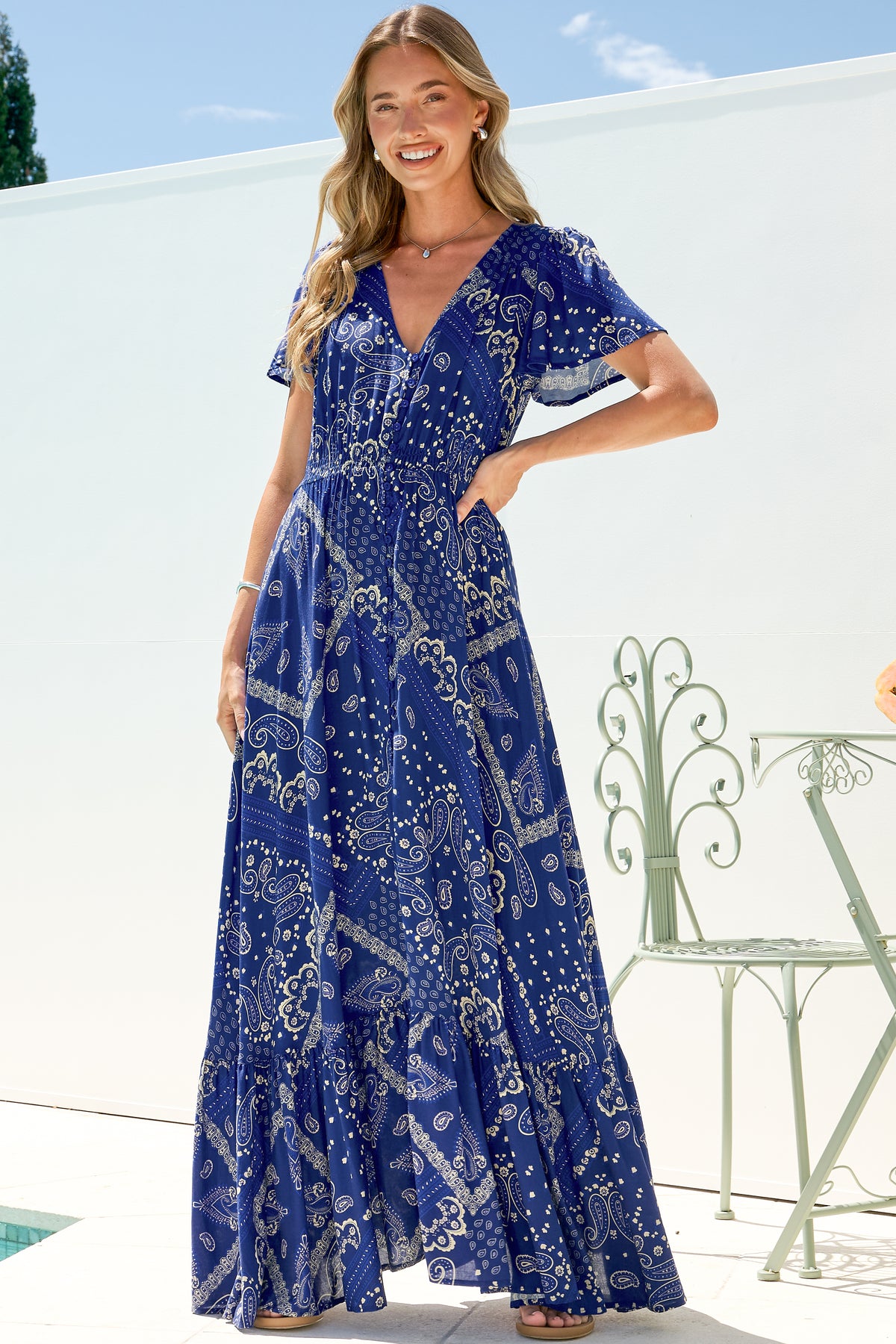 Kali Maxi Dress - Button-front Dress with Flutter Sleeves and Front Split in Bandana Print Blue