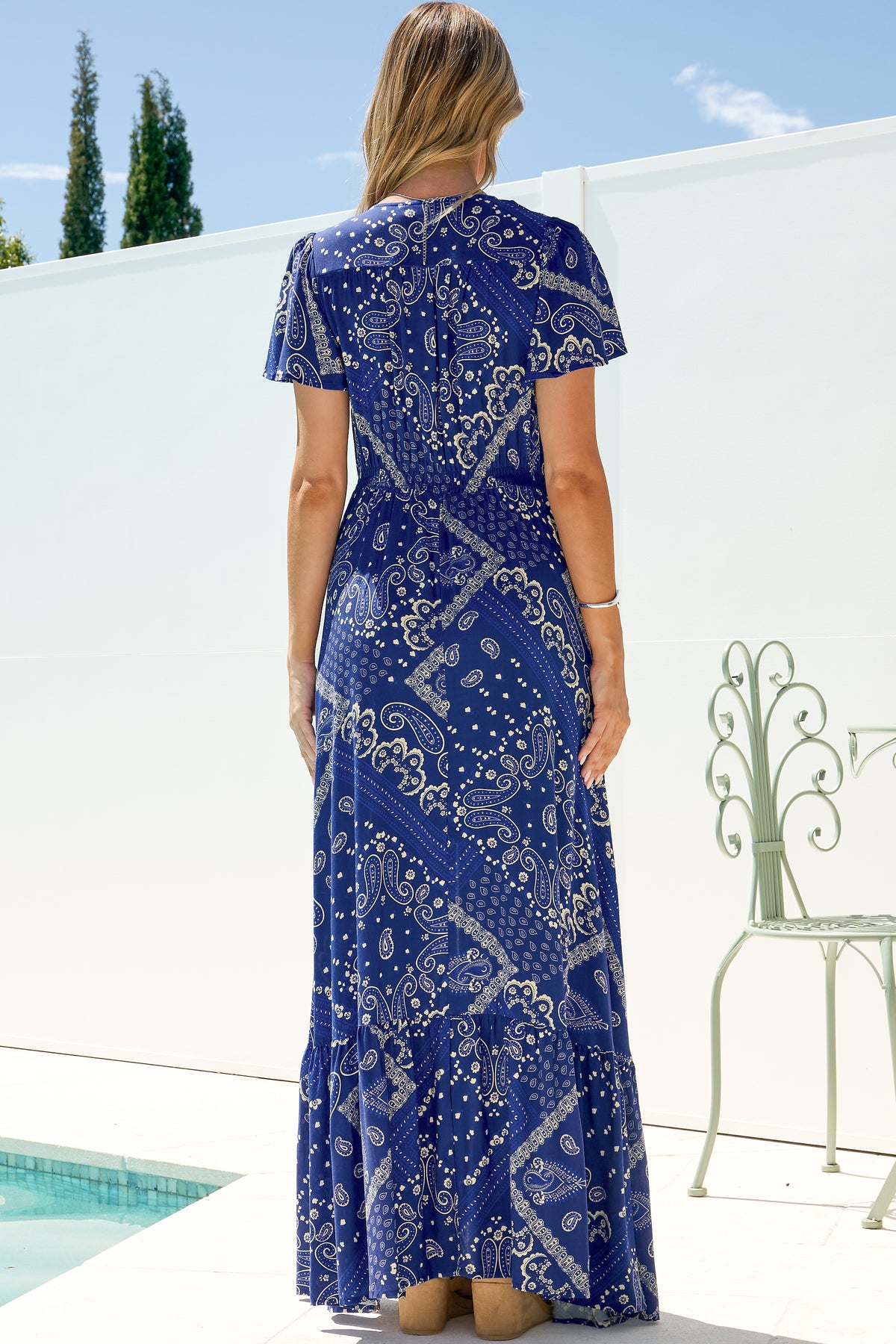 Kali Maxi Dress - Button-front Dress with Flutter Sleeves and Front Split in Bandana Print Blue