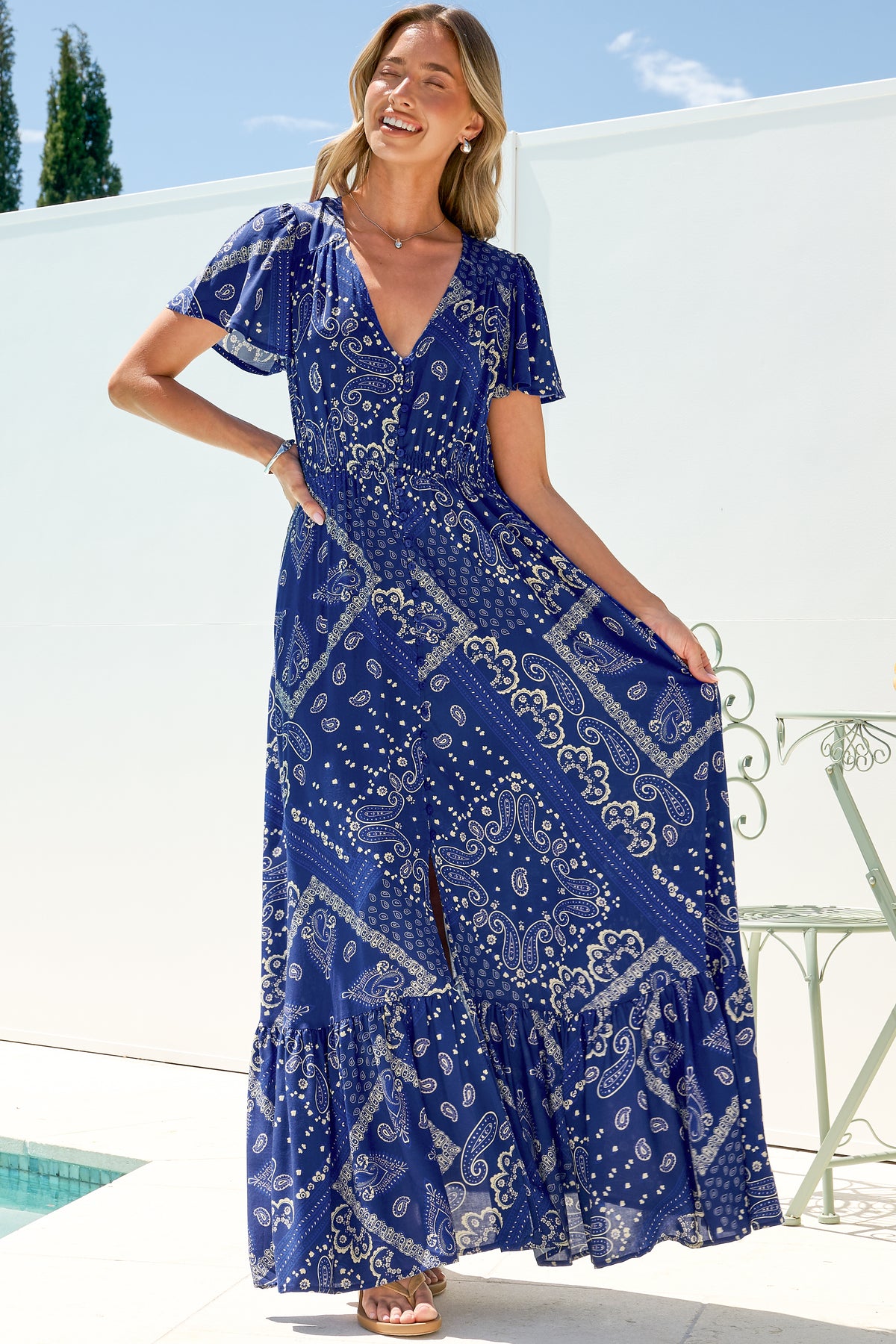 Kali Maxi Dress - Button-front Dress with Flutter Sleeves and Front Split in Bandana Print Blue