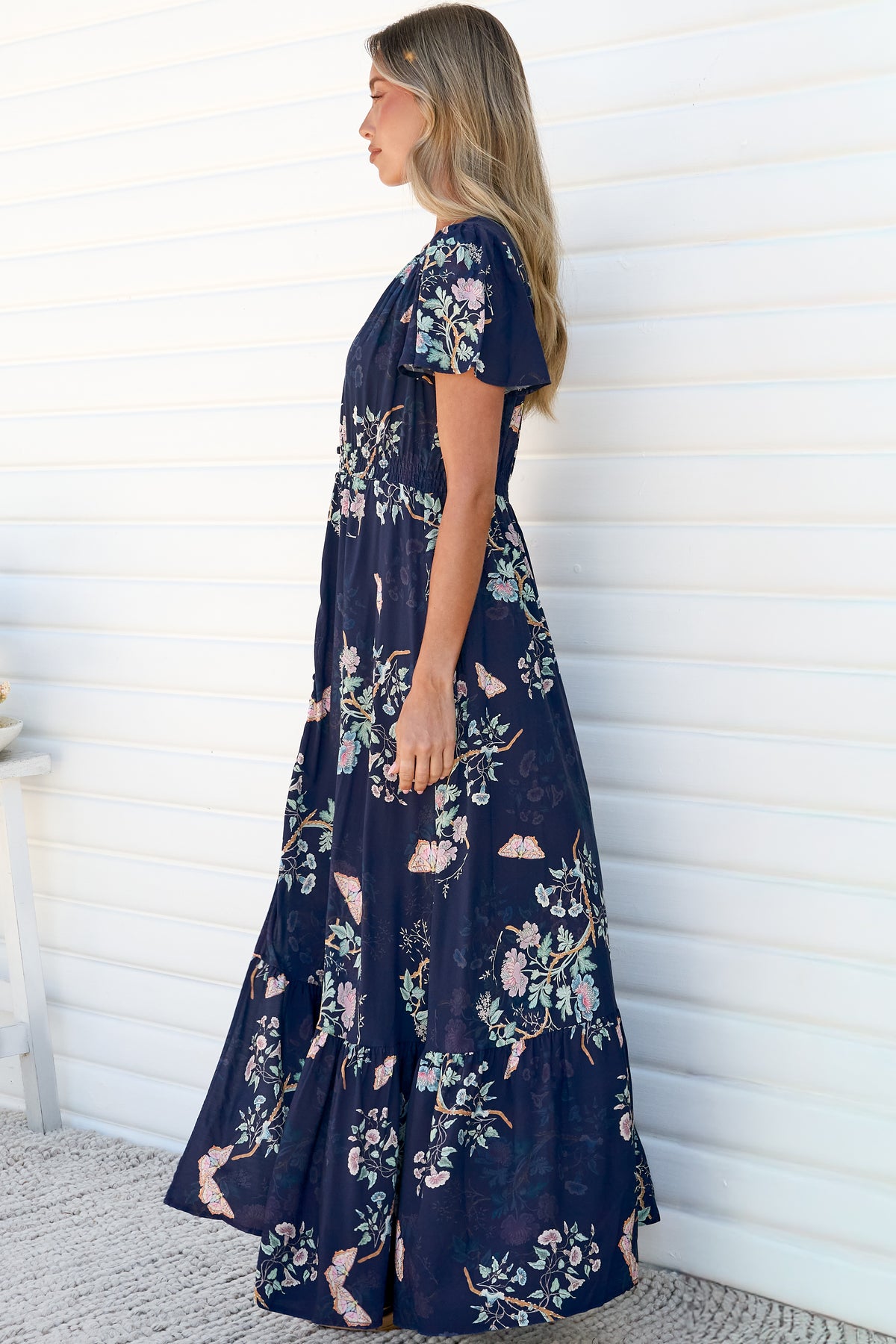 Kali Maxi Dress - Button-front Dress with Flutter Sleeves and Front Split in Colette Print