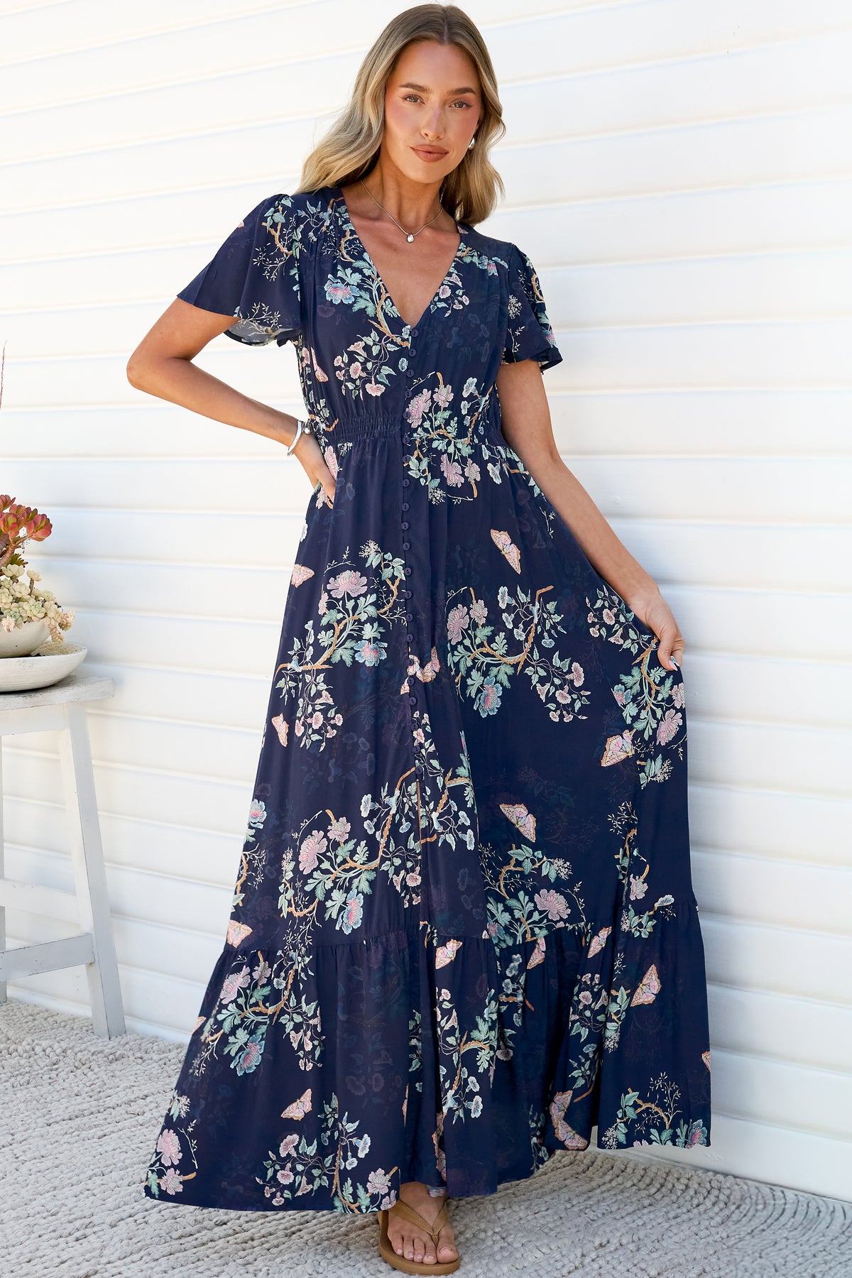 Kali Maxi Dress - Button-front Dress with Flutter Sleeves and Front Split in Colette Print